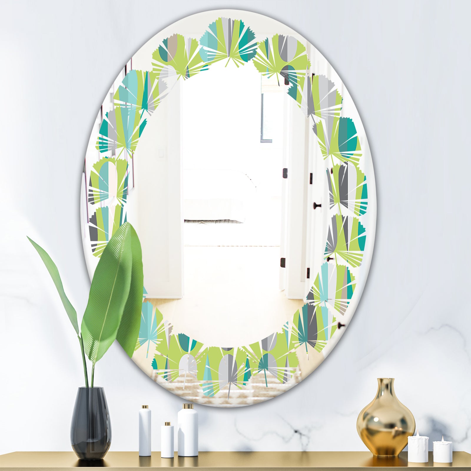 Retro Abstract Drops VI - Modern Round or Oval Wall Mirror - Leaves