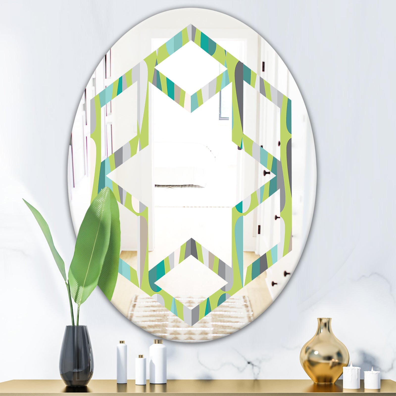 Retro Abstract Drops VI - Modern Round or Oval Wall Mirror - Hexagon Star