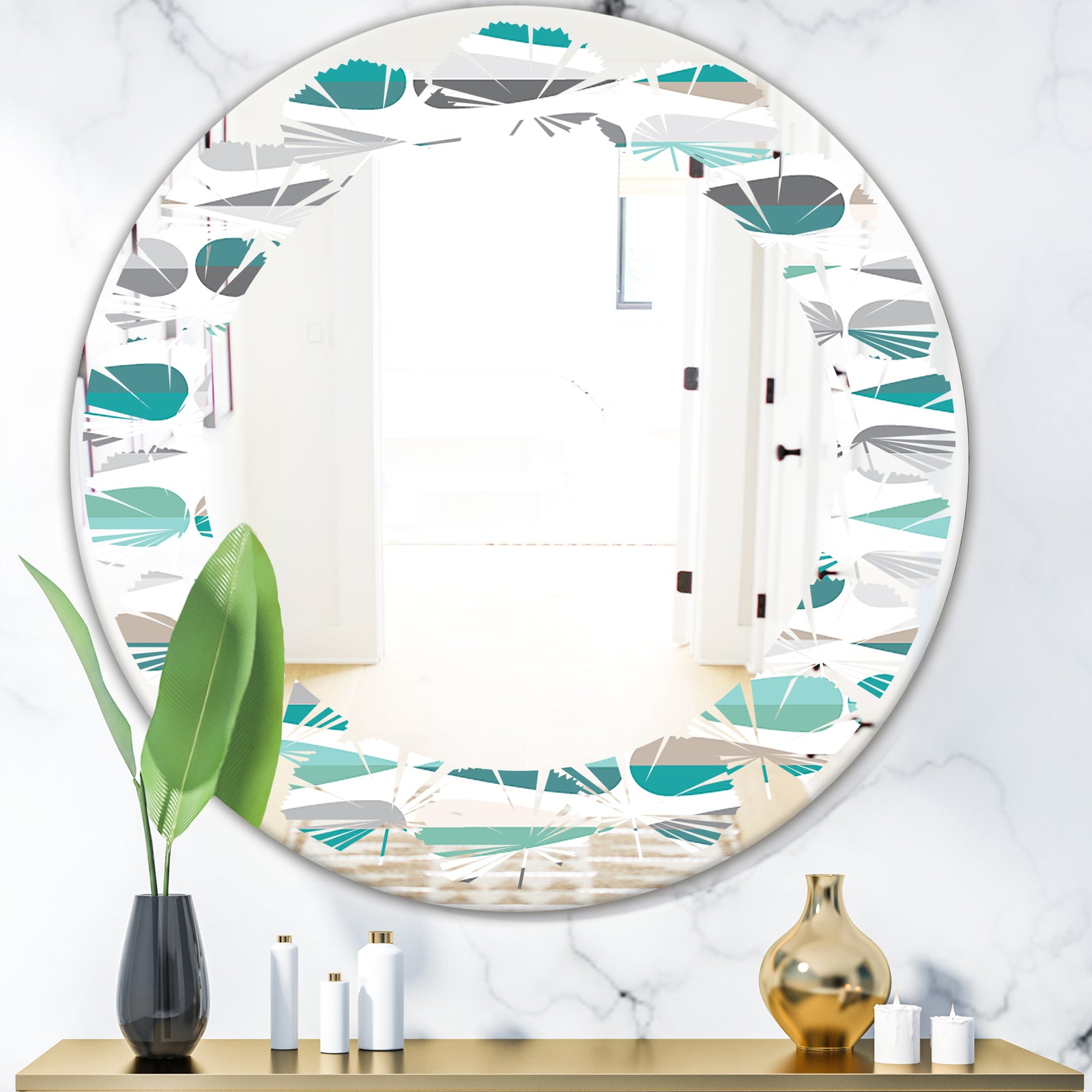 Retro Abstract Drops III - Modern Round or Oval Wall Mirror - Leaves