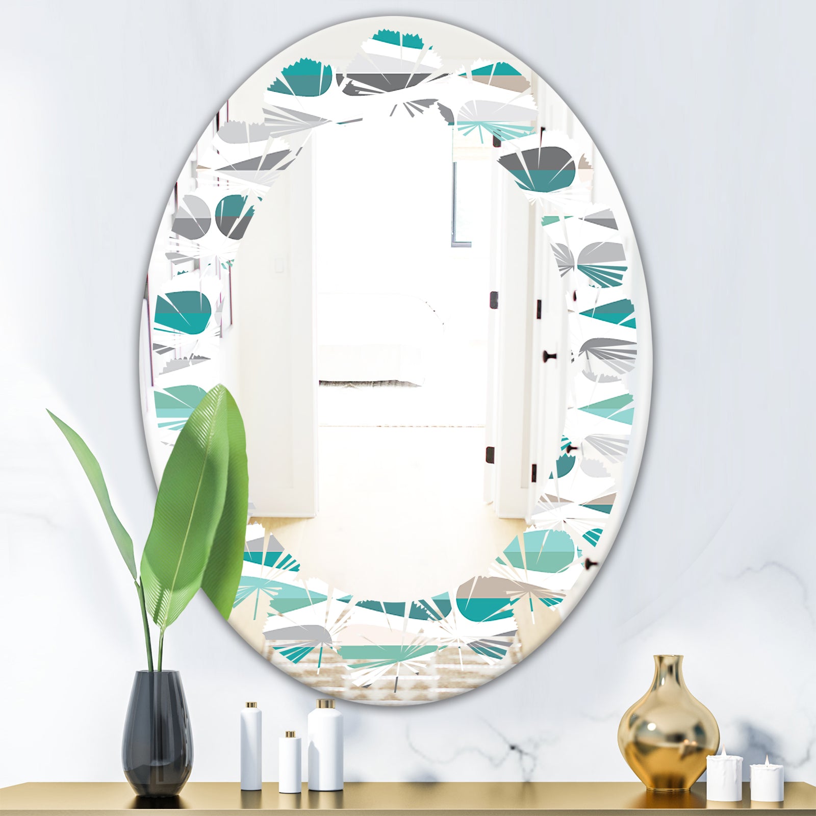 Retro Abstract Drops III - Modern Round or Oval Wall Mirror - Leaves
