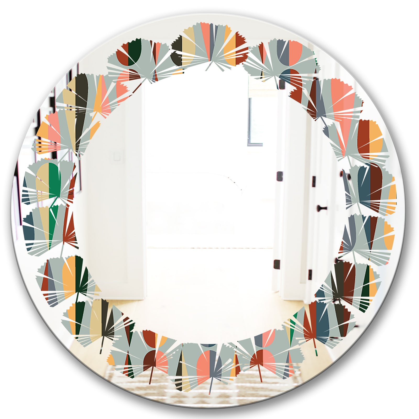 Retro Abstract Drops IX - Modern Round or Oval Wall Mirror - Leaves