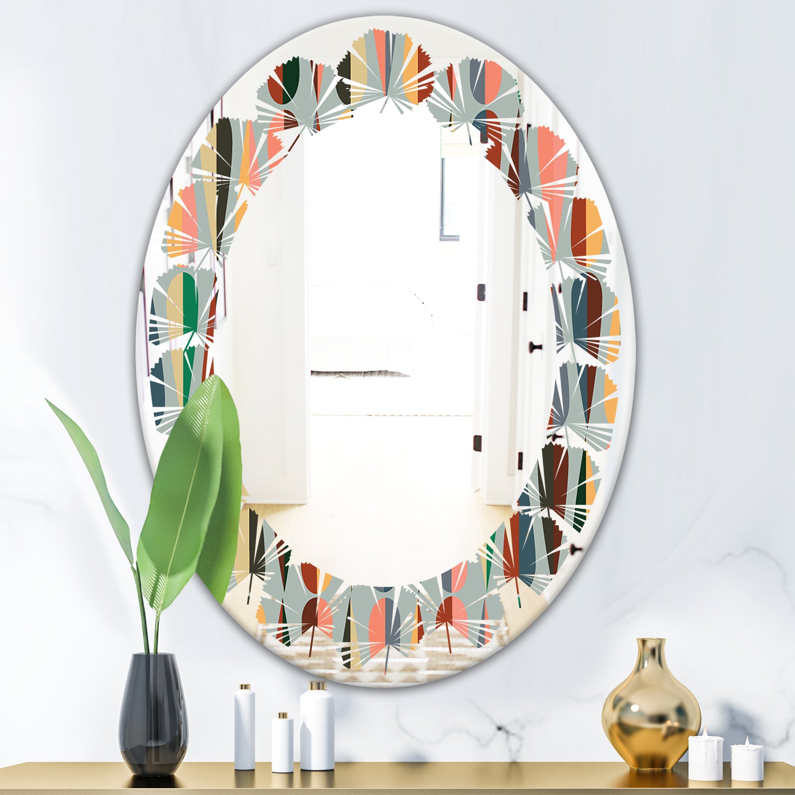 Retro Abstract Drops IX - Modern Round or Oval Wall Mirror - Leaves