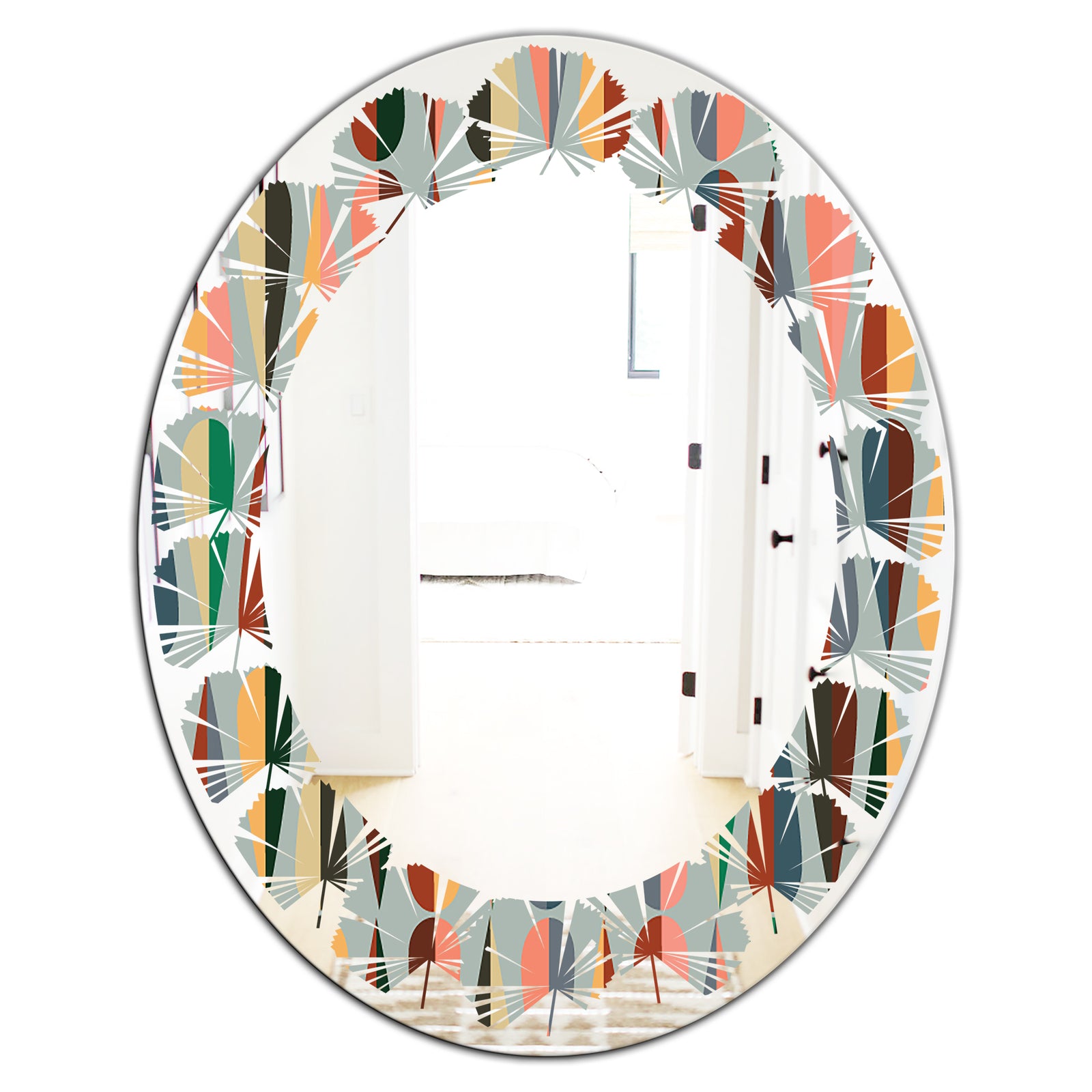Retro Abstract Drops IX - Modern Round or Oval Wall Mirror - Leaves
