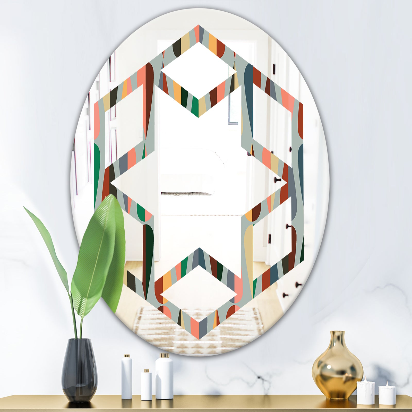 Retro Abstract Drops IX - Modern Round or Oval Wall Mirror - Hexagon Star