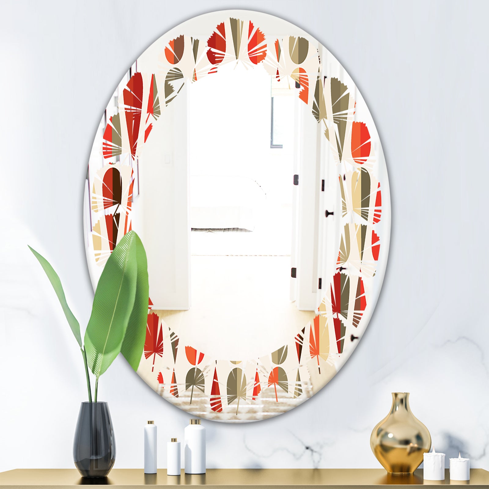 Retro Abstract Drops IV - Modern Round or Oval Wall Mirror - Leaves