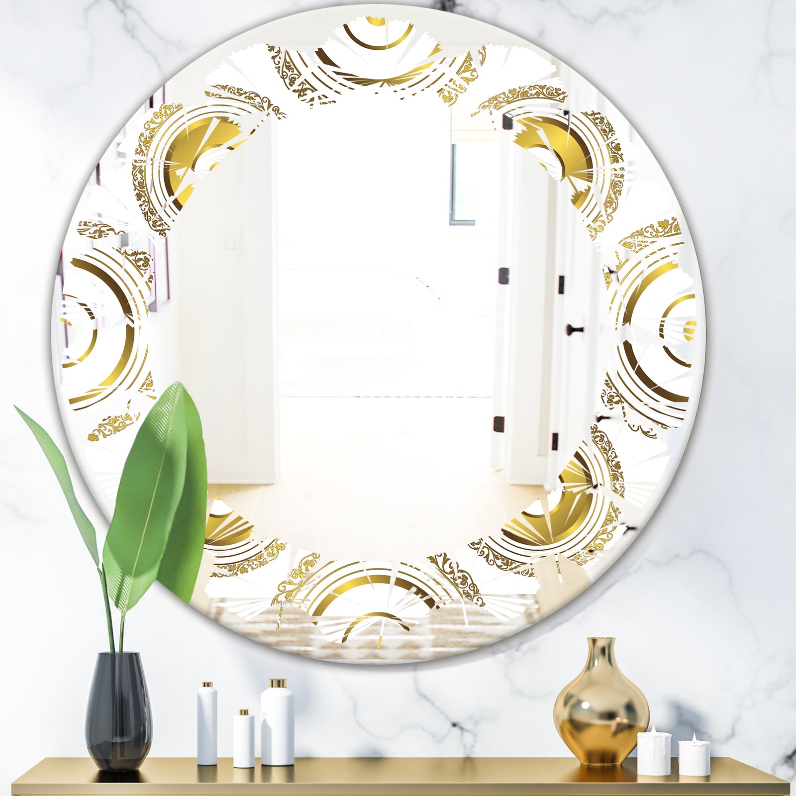 Circular Golden Pattern I - Modern Round or Oval Wall Mirror - Leaves