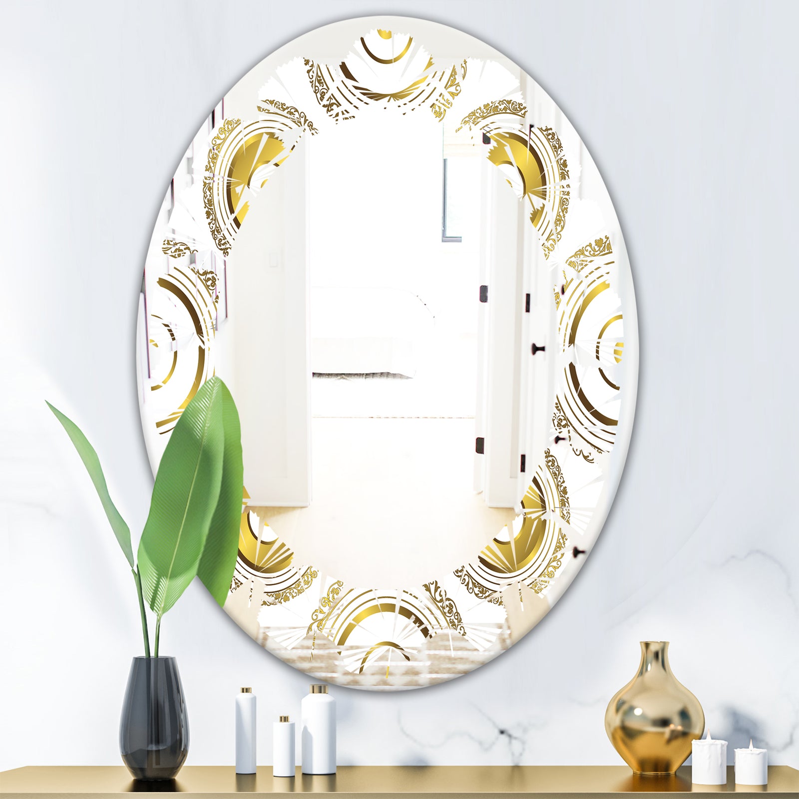 Circular Golden Pattern I - Modern Round or Oval Wall Mirror - Leaves