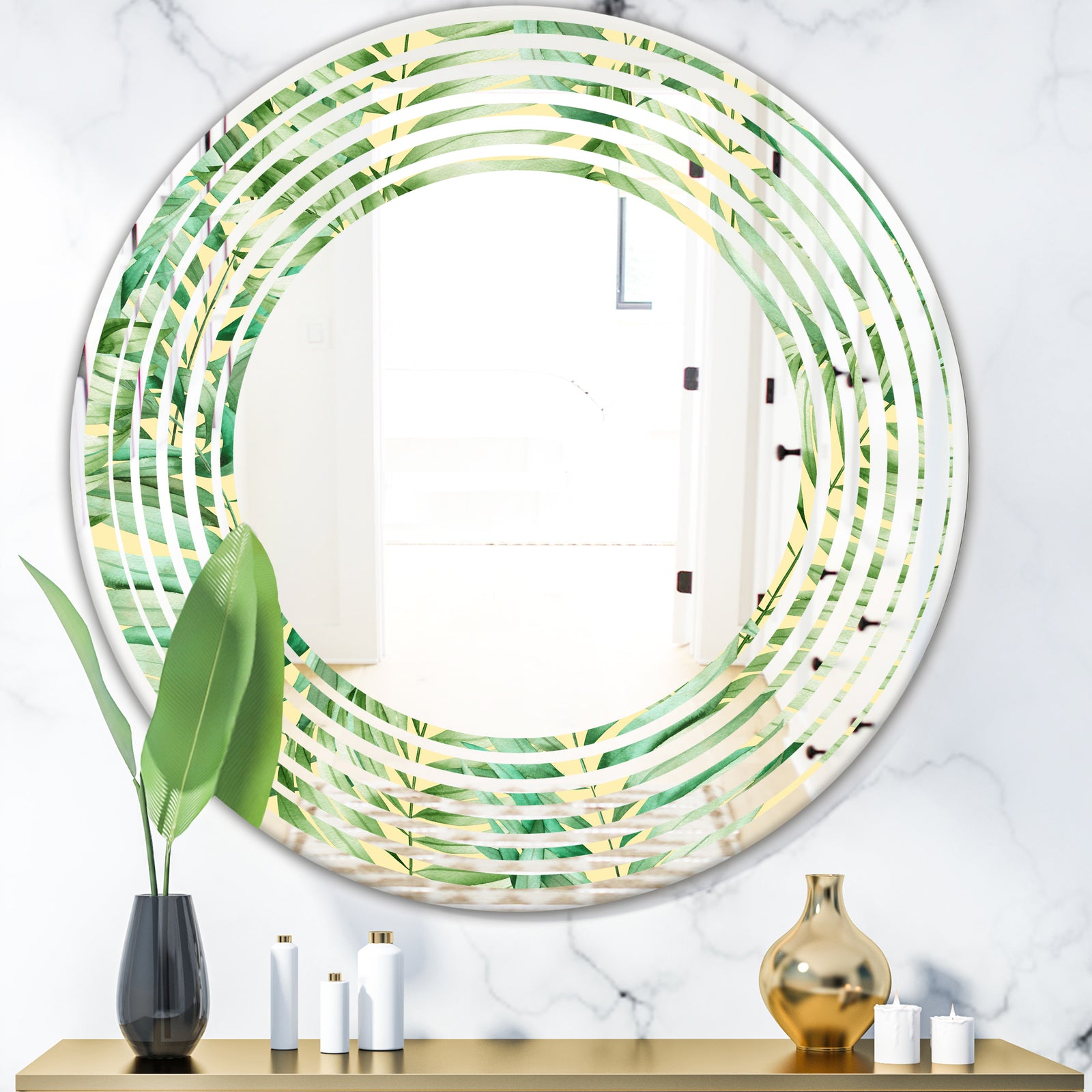 Tropical Retro Foliage - Modern Round or Oval Wall Mirror - Wave