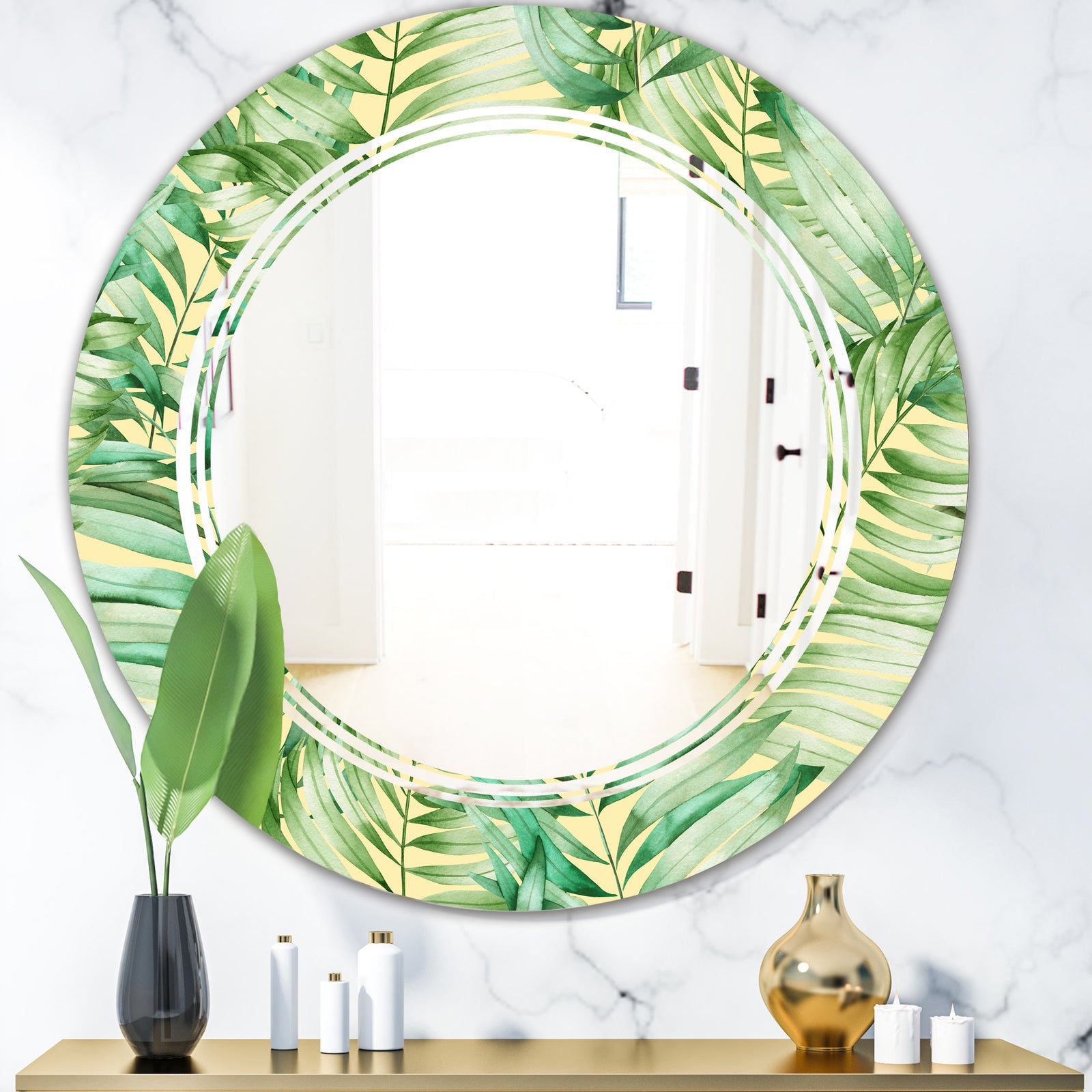 Tropical Retro Foliage - Modern Round or Oval Wall Mirror - Triple C