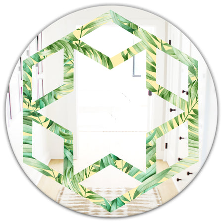 Tropical Retro Foliage - Modern Round or Oval Wall Mirror - Hexagon Star