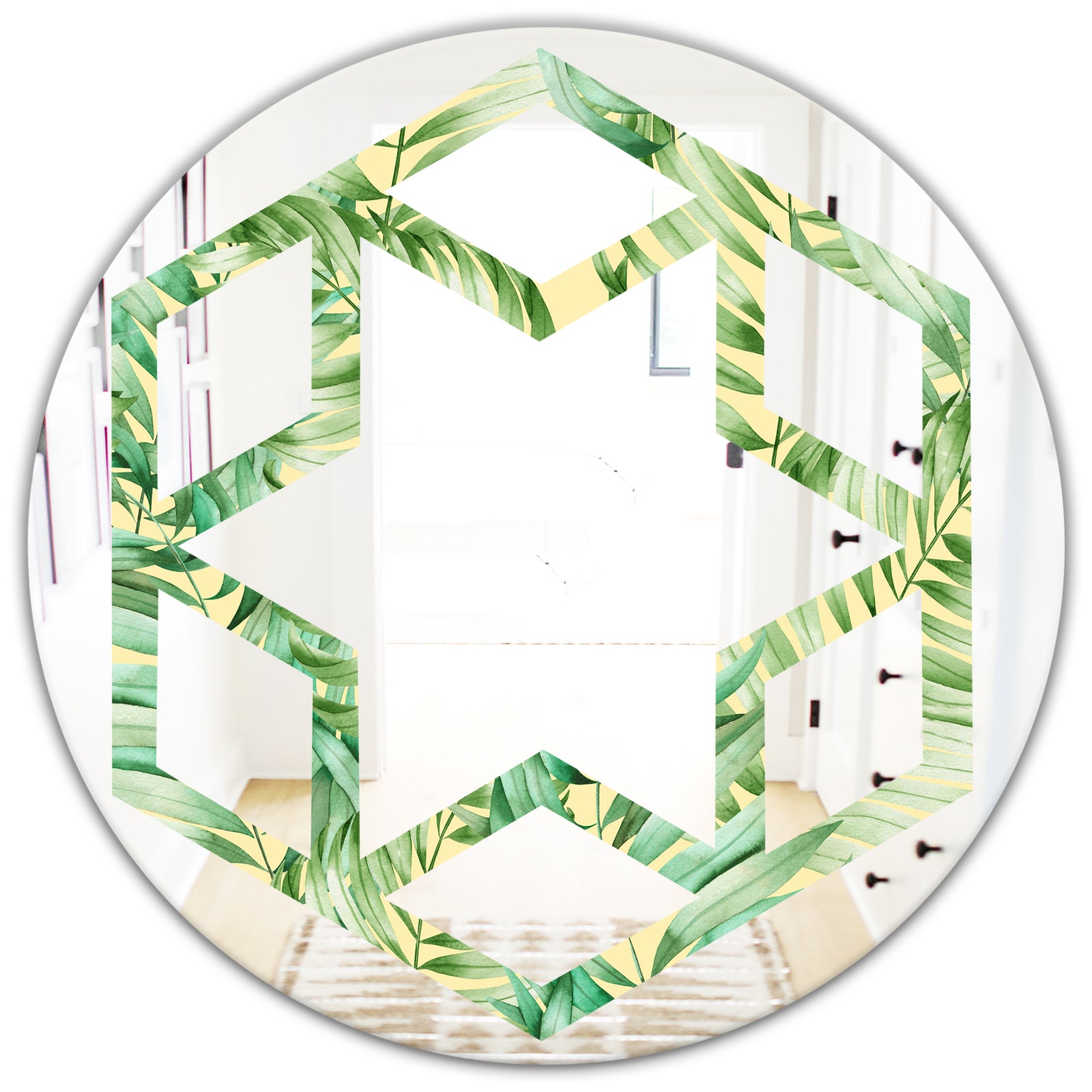 Tropical Retro Foliage - Modern Round or Oval Wall Mirror - Hexagon Star