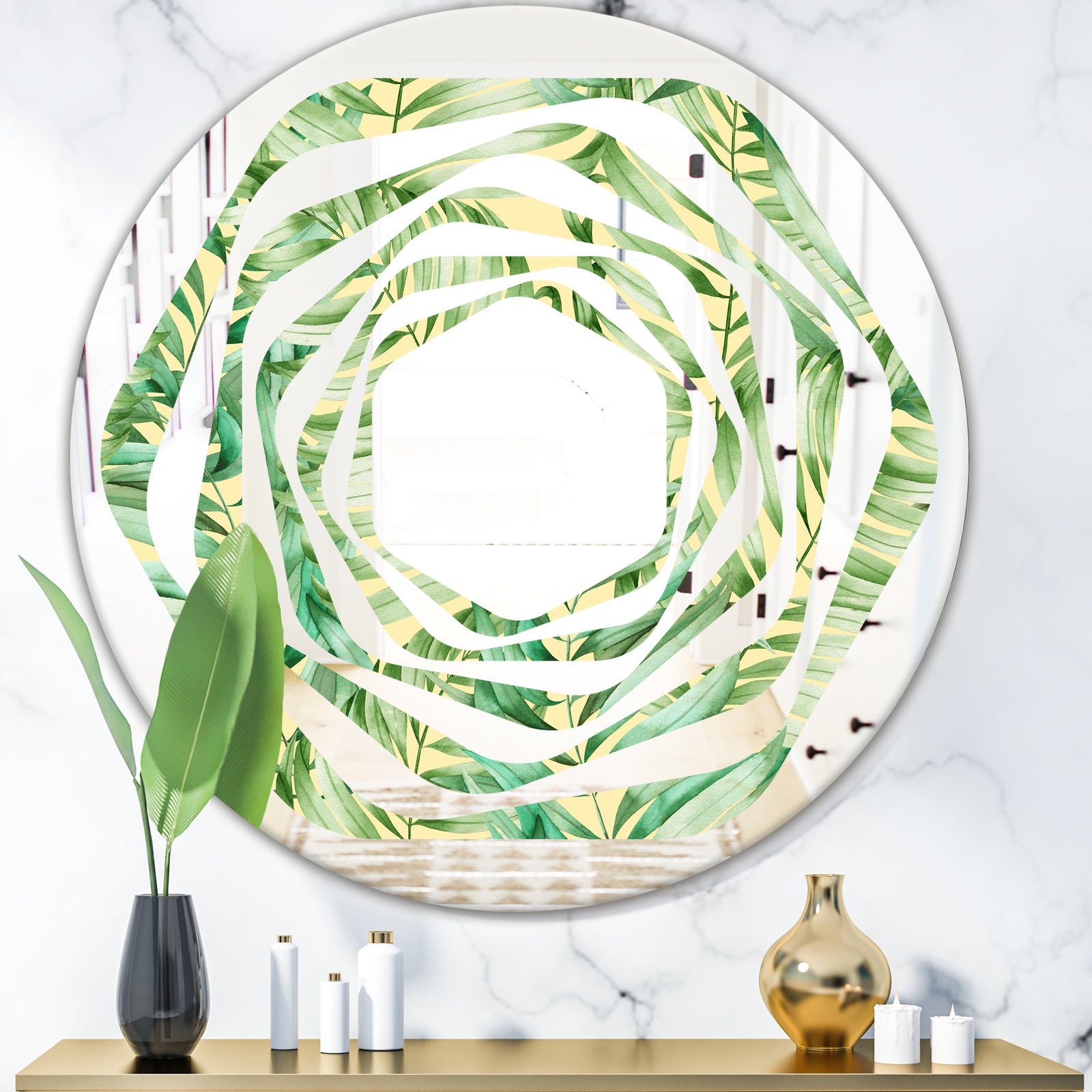 Tropical Retro Foliage - Modern Round or Oval Wall Mirror - Whirl