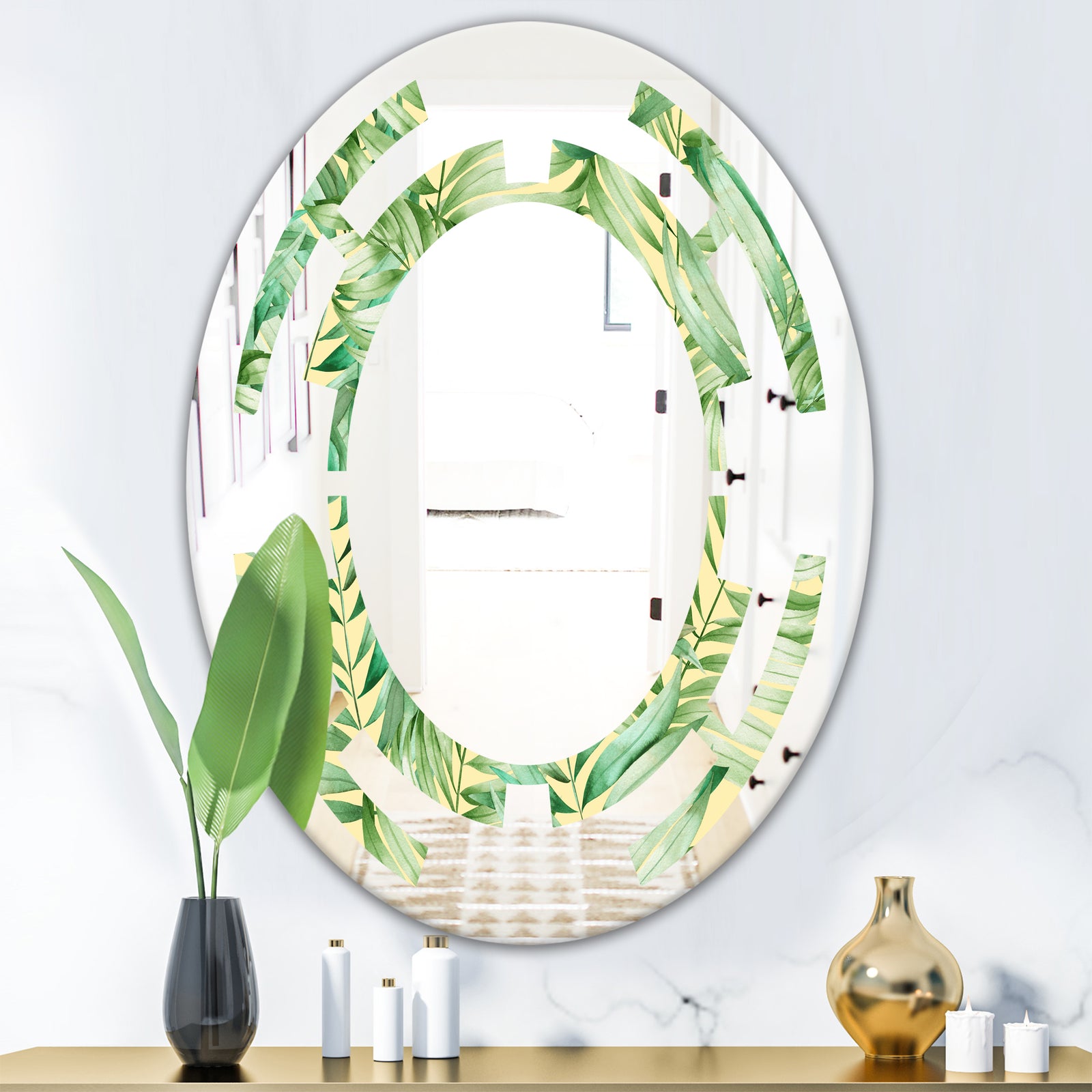 Tropical Retro Foliage - Modern Round or Oval Wall Mirror - Space