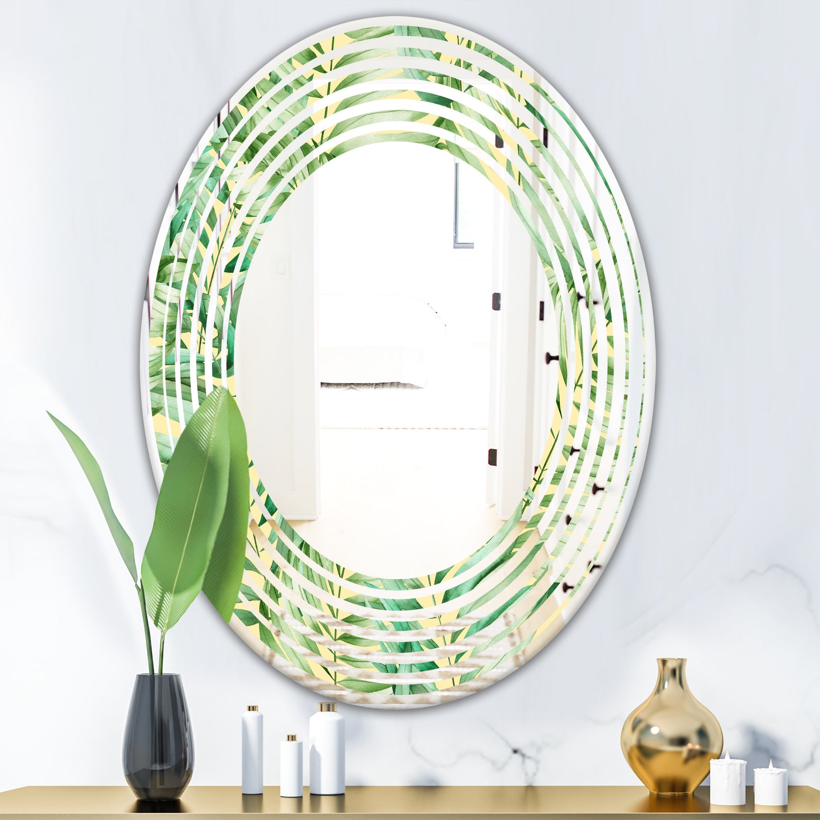 Tropical Retro Foliage - Modern Round or Oval Wall Mirror - Wave