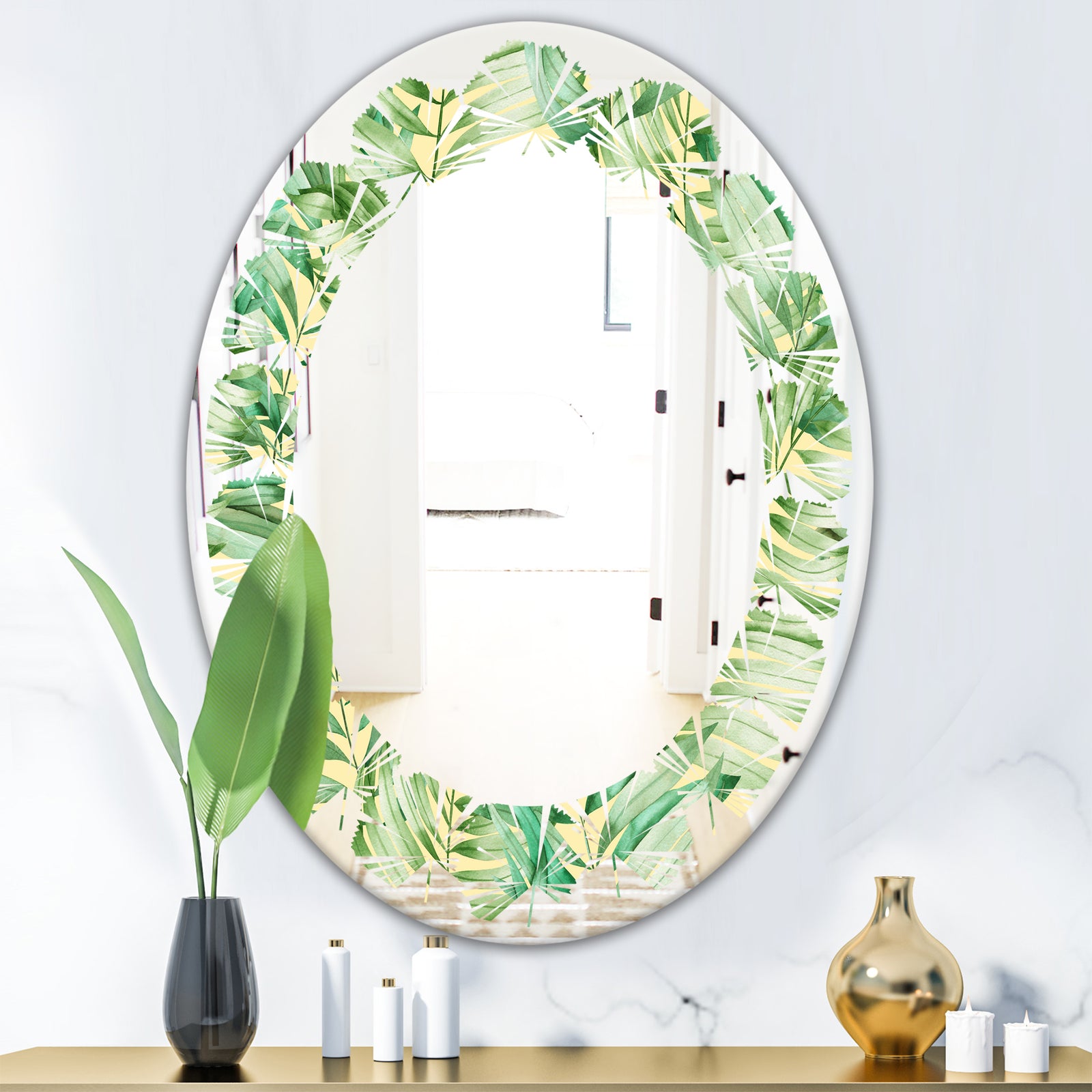 Tropical Retro Foliage - Modern Round or Oval Wall Mirror - Leaves