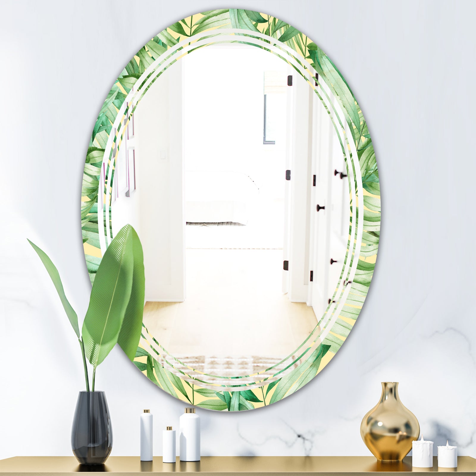 Tropical Retro Foliage - Modern Round or Oval Wall Mirror - Triple C
