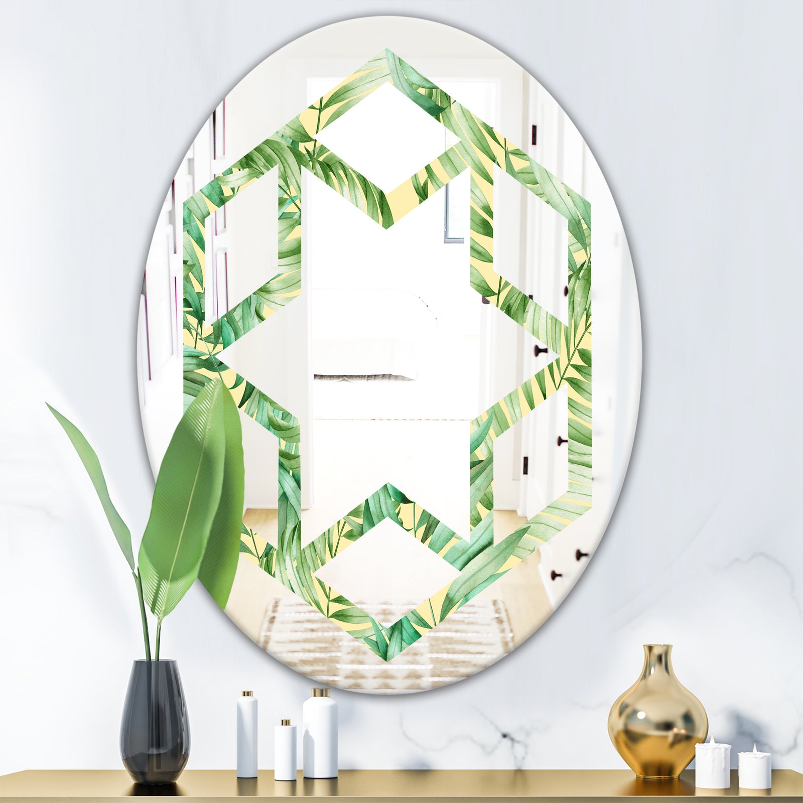 Tropical Retro Foliage - Modern Round or Oval Wall Mirror - Hexagon Star