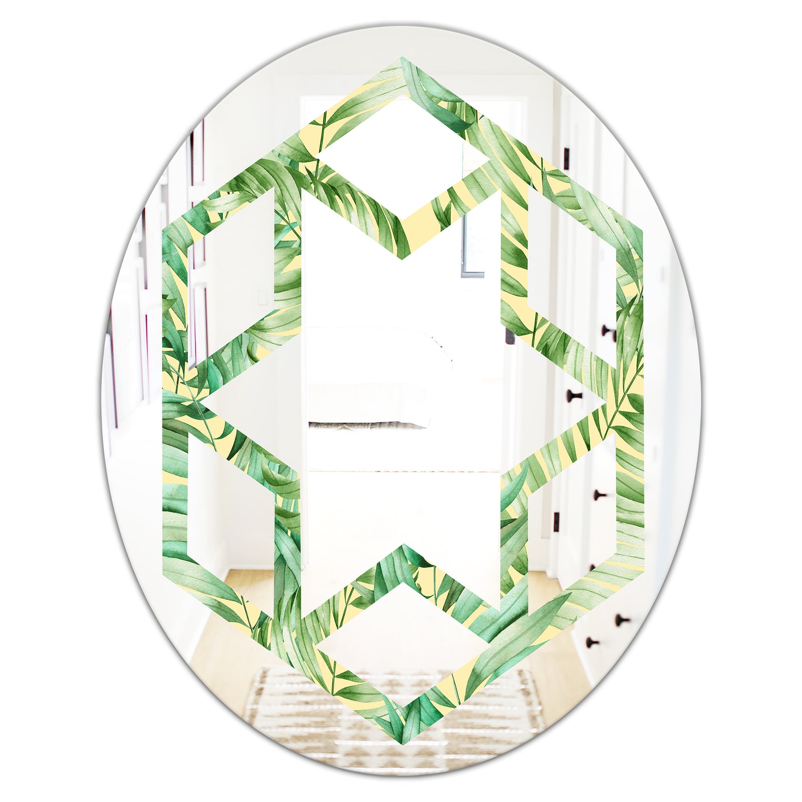 Tropical Retro Foliage - Modern Round or Oval Wall Mirror - Hexagon Star