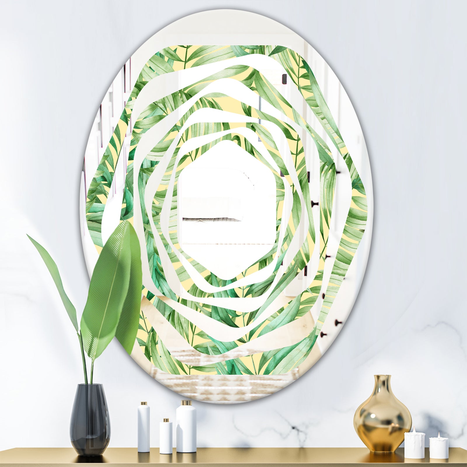 Tropical Retro Foliage - Modern Round or Oval Wall Mirror - Whirl