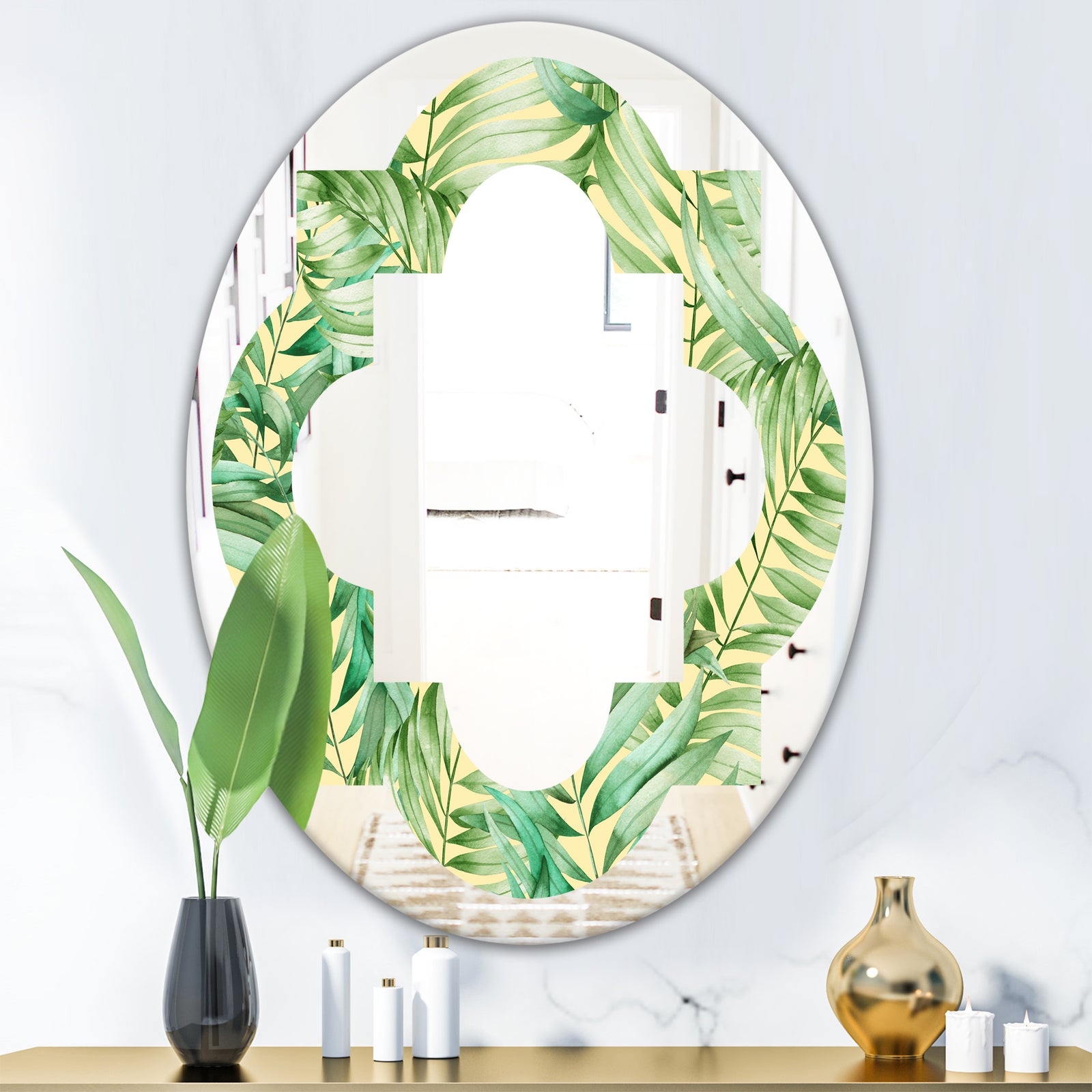 Tropical Retro Foliage - Modern Round or Oval Wall Mirror - Quatrefoil