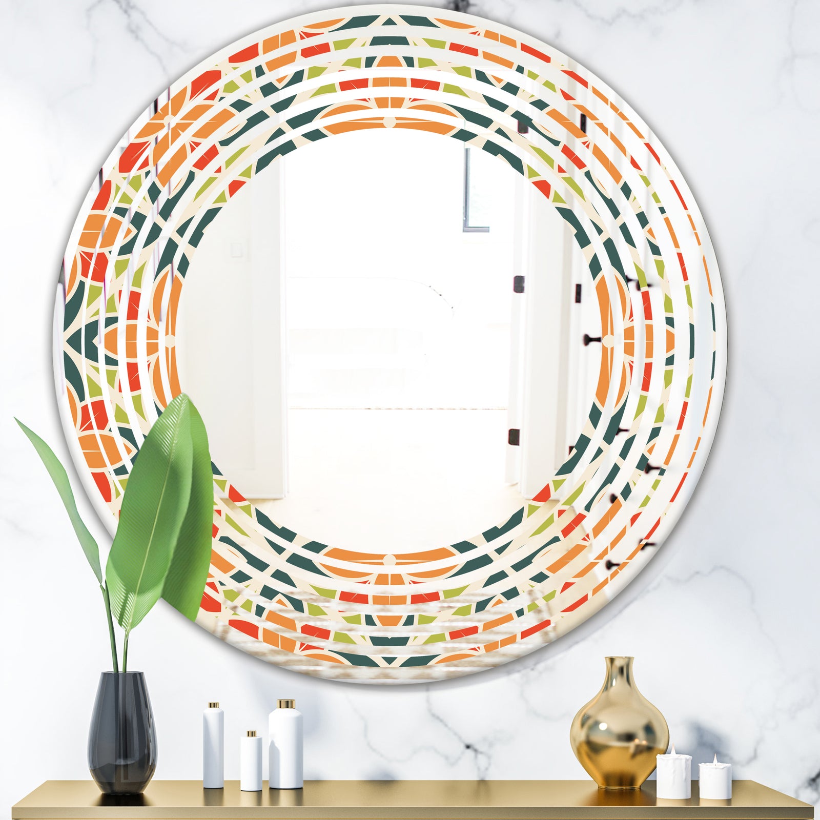 Retro Floral Pattern IV - Modern Round or Oval Wall Mirror - Wave