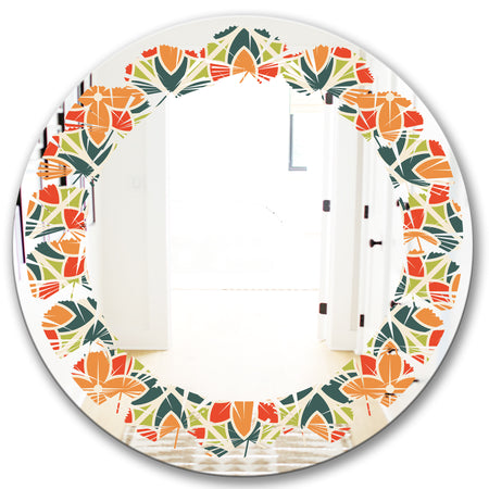 Retro Floral Pattern IV - Modern Round or Oval Wall Mirror - Leaves