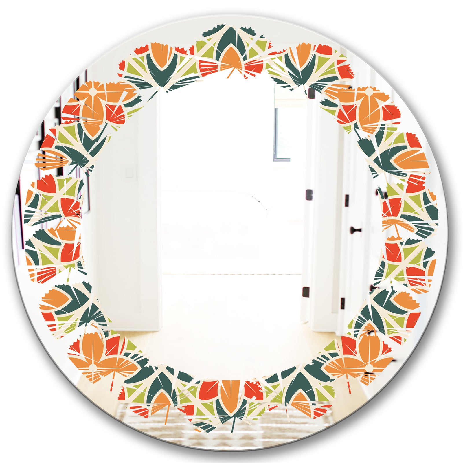 Retro Floral Pattern IV - Modern Round or Oval Wall Mirror - Leaves