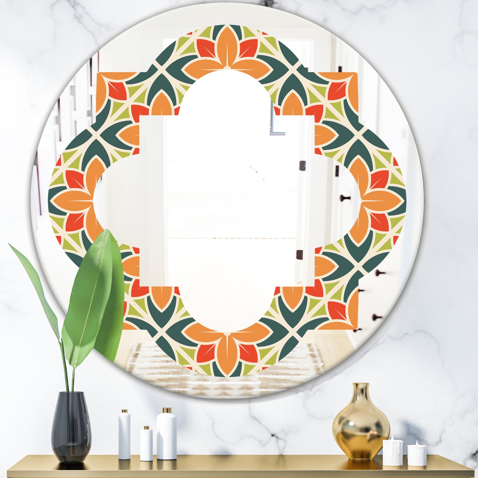 Retro Floral Pattern IV - Modern Round or Oval Wall Mirror - Quatrefoil