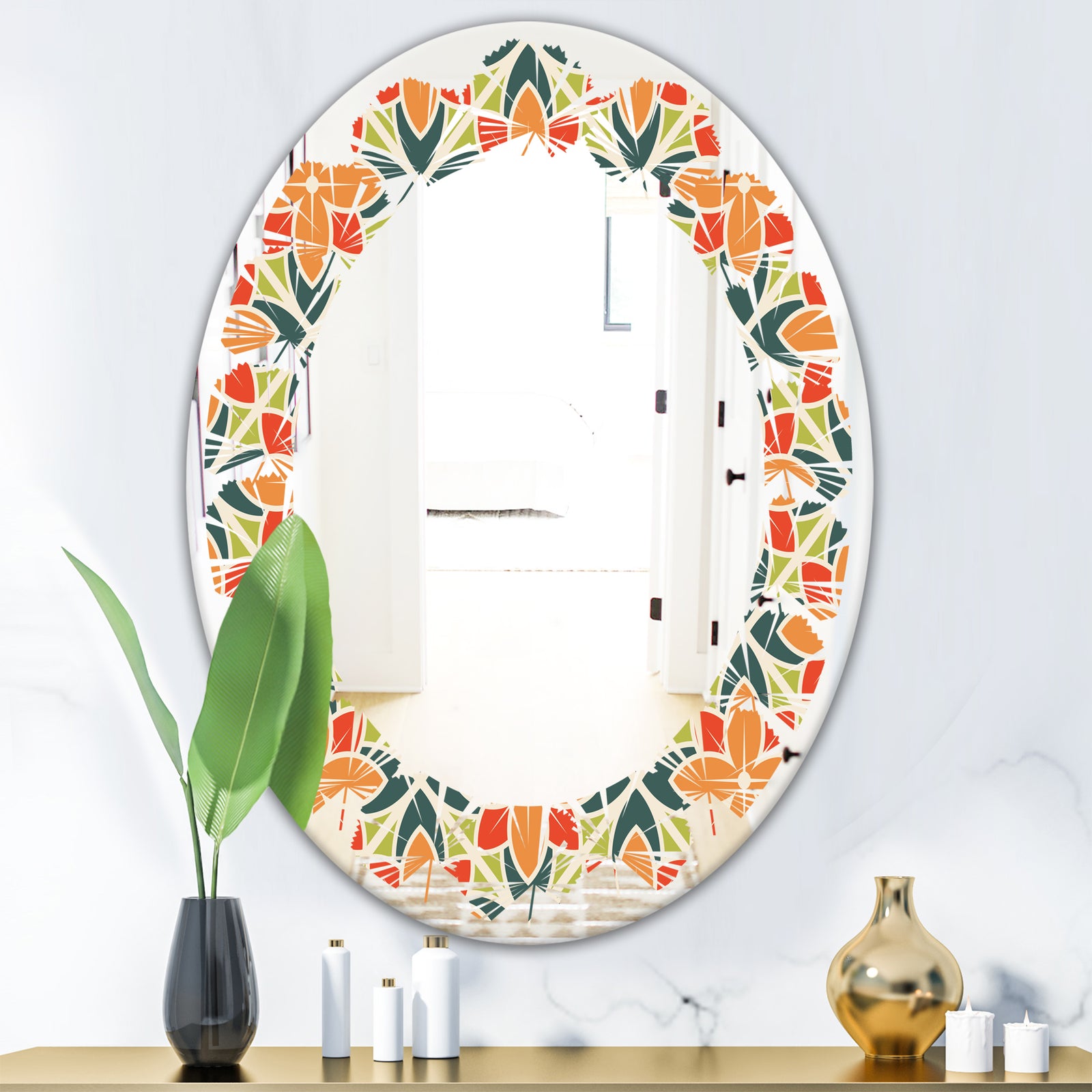 Retro Floral Pattern IV - Modern Round or Oval Wall Mirror - Leaves