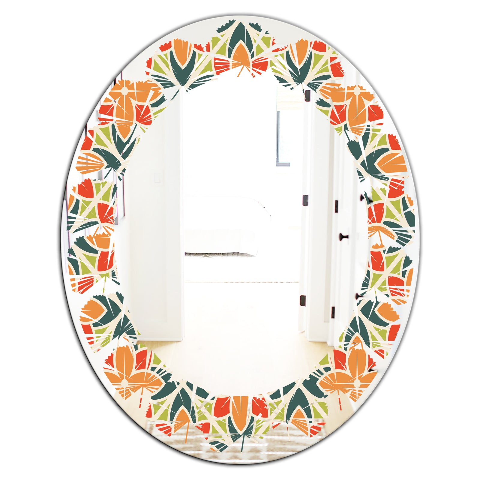Retro Floral Pattern IV - Modern Round or Oval Wall Mirror - Leaves