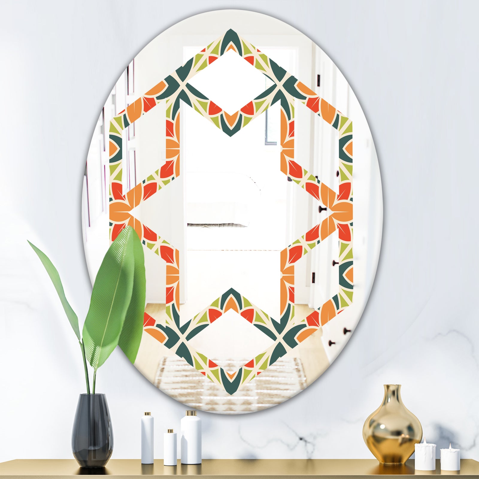 Retro Floral Pattern IV - Modern Round or Oval Wall Mirror - Hexagon Star