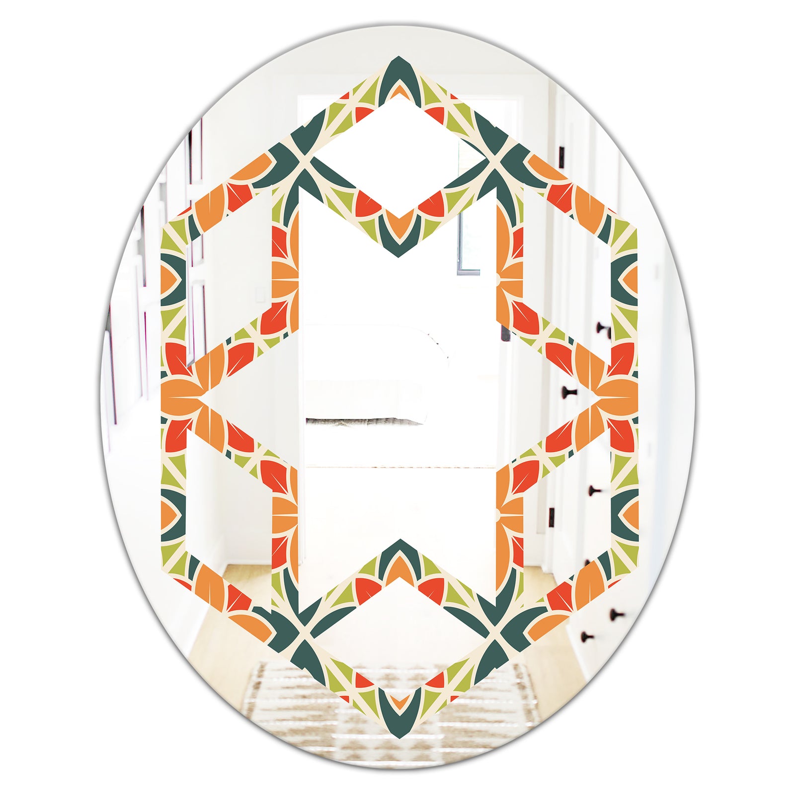Retro Floral Pattern IV - Modern Round or Oval Wall Mirror - Hexagon Star