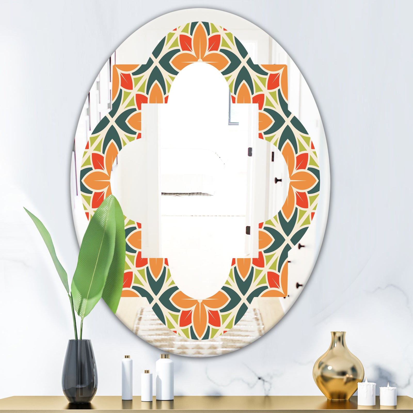 Retro Floral Pattern IV - Modern Round or Oval Wall Mirror - Quatrefoil