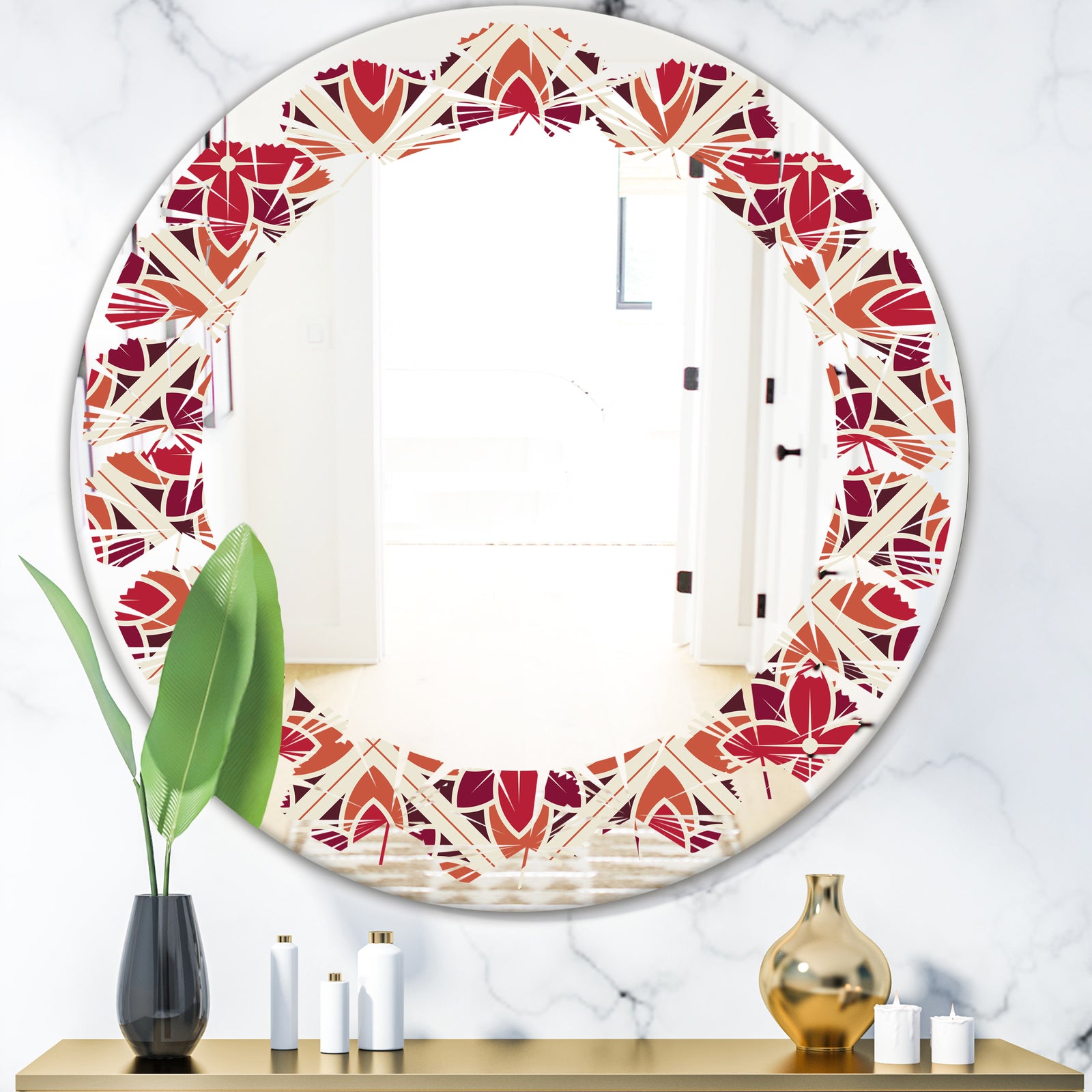 Retro Floral Pattern VI - Modern Round or Oval Wall Mirror - Leaves