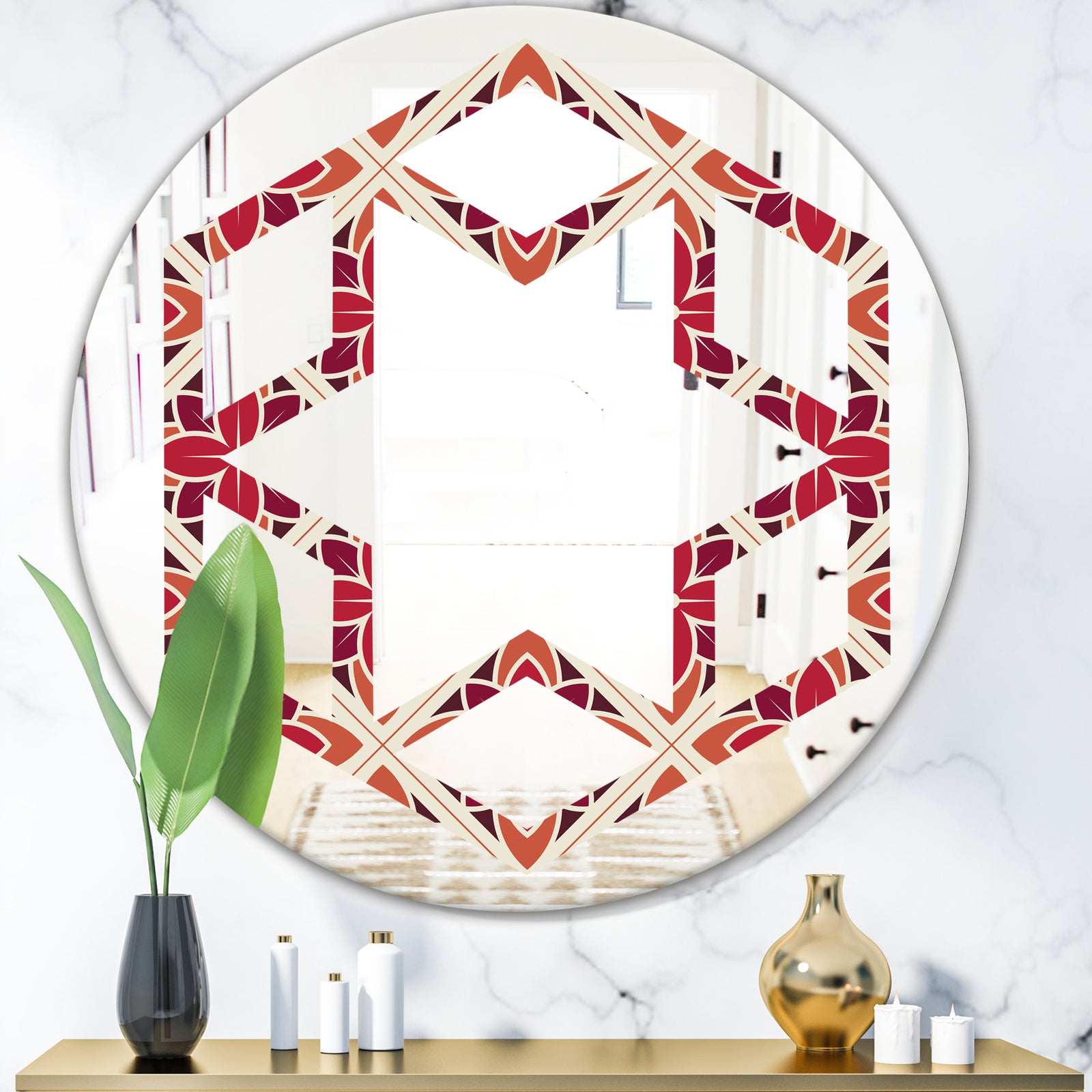Retro Floral Pattern VI - Modern Round or Oval Wall Mirror - Hexagon Star