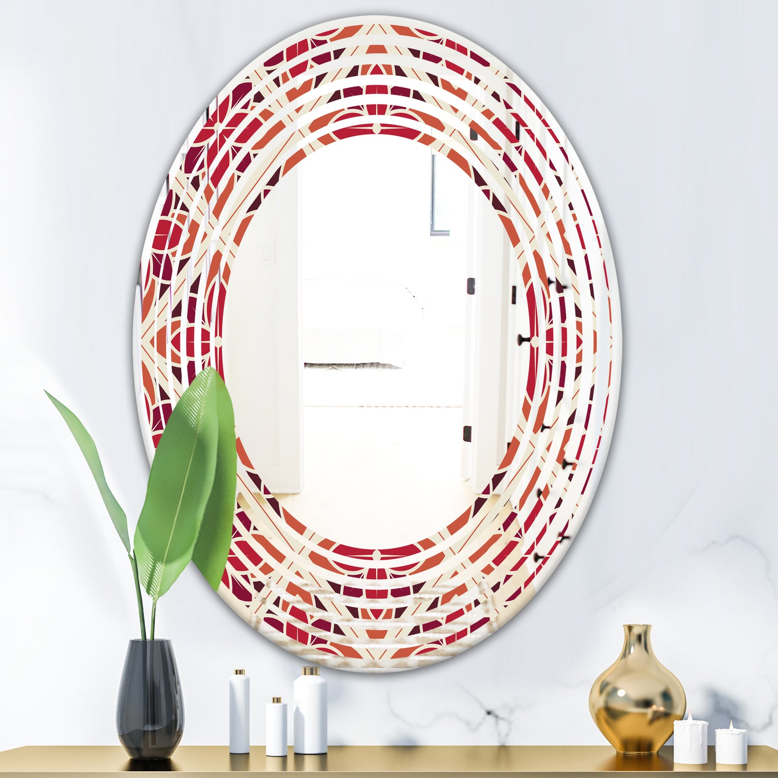 Retro Floral Pattern VI - Modern Round or Oval Wall Mirror - Wave