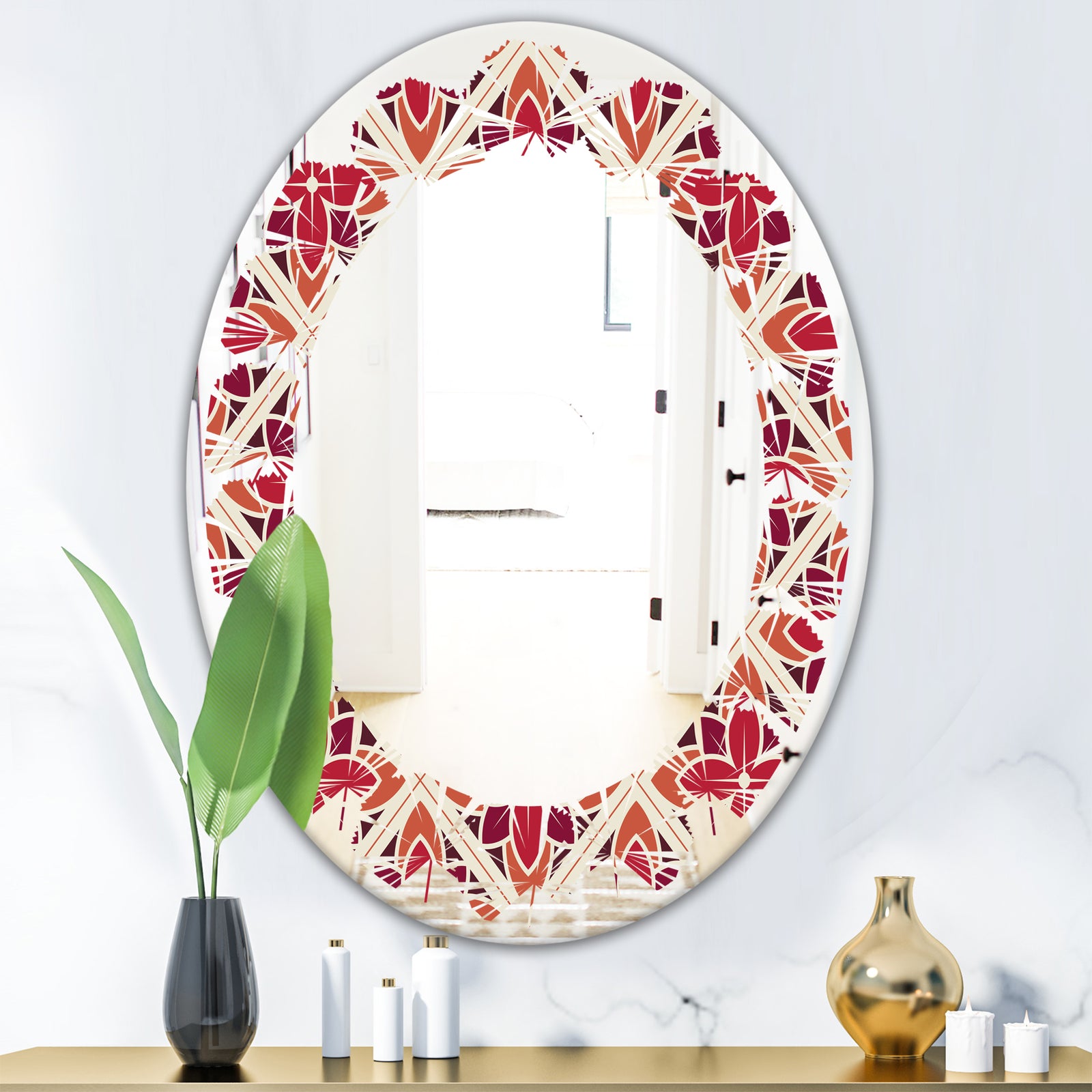 Retro Floral Pattern VI - Modern Round or Oval Wall Mirror - Leaves