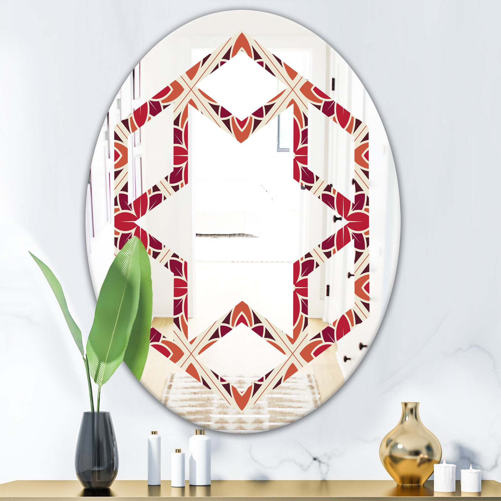 Retro Floral Pattern VI - Modern Round or Oval Wall Mirror - Hexagon Star