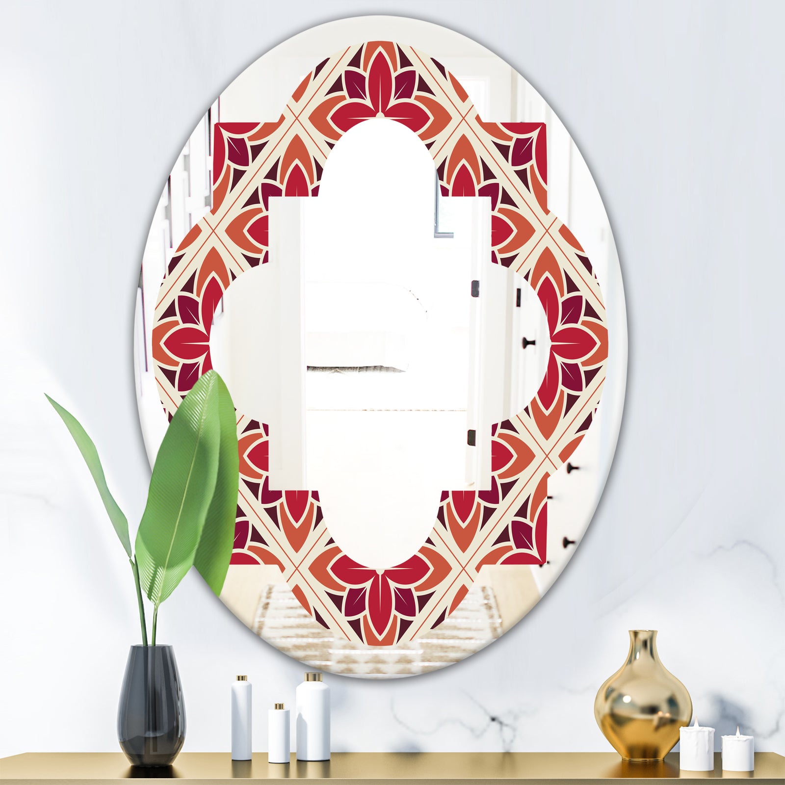 Retro Floral Pattern VI - Modern Round or Oval Wall Mirror - Quatrefoil