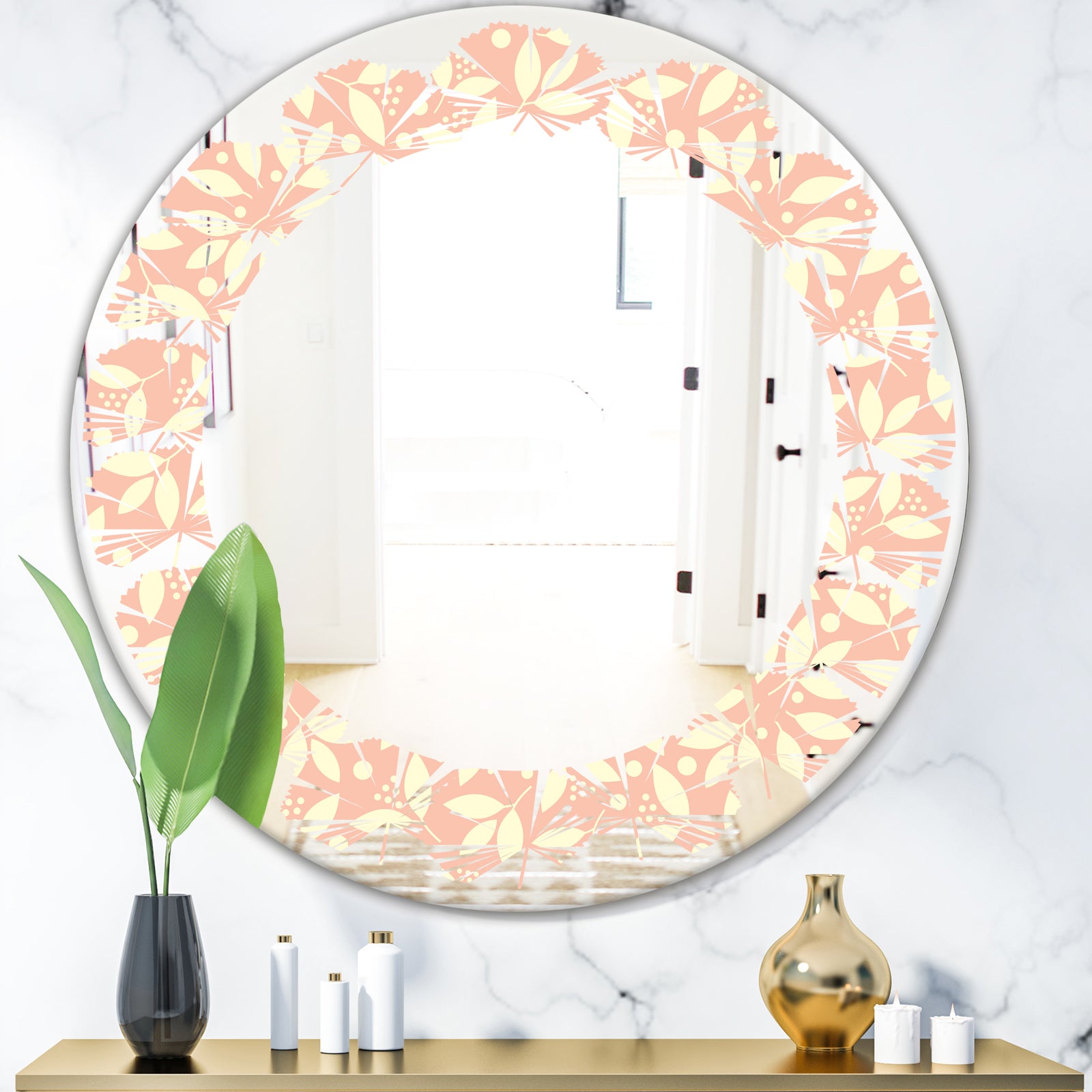 Retro Floral Pattern V - Modern Round or Oval Wall Mirror - Leaves