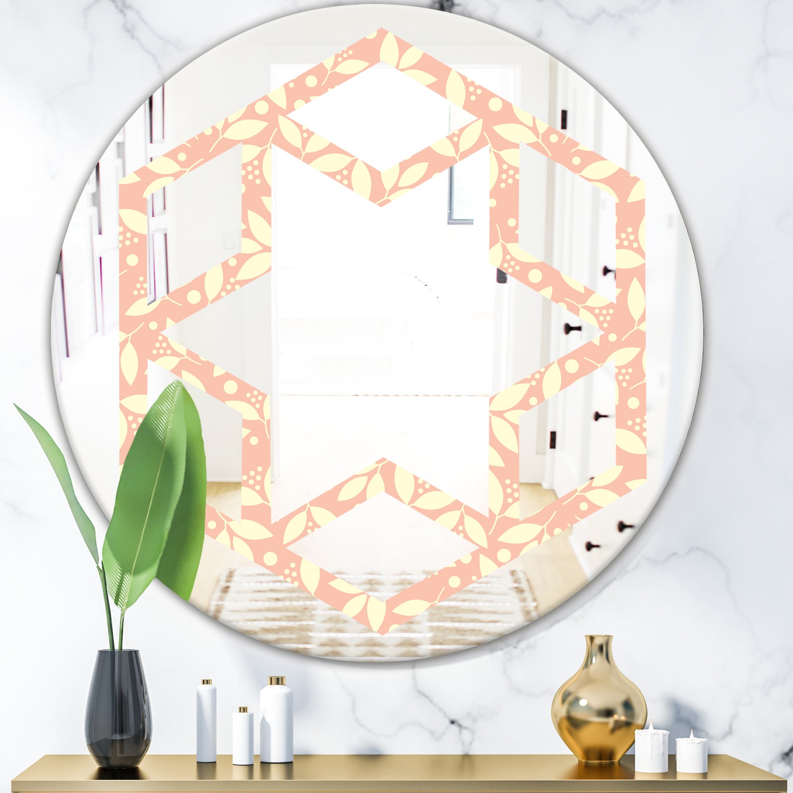 Retro Floral Pattern V - Modern Round or Oval Wall Mirror - Hexagon Star