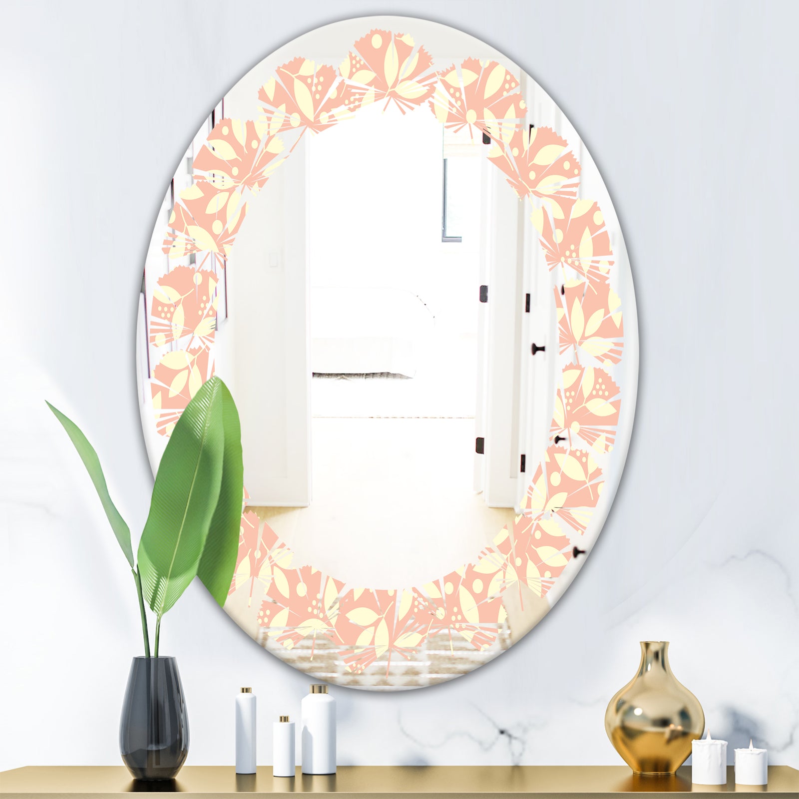 Retro Floral Pattern V - Modern Round or Oval Wall Mirror - Leaves