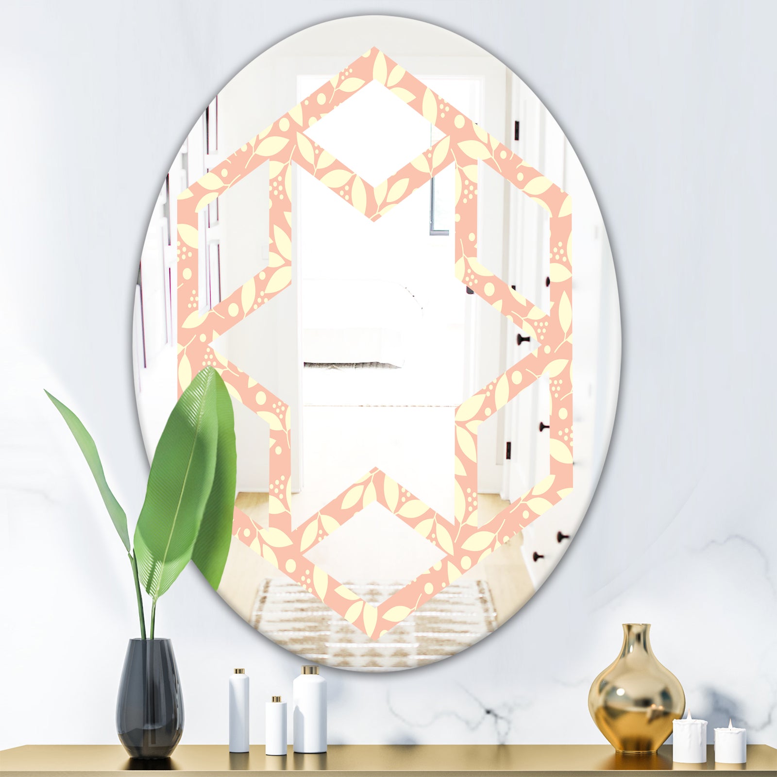 Retro Floral Pattern V - Modern Round or Oval Wall Mirror - Hexagon Star
