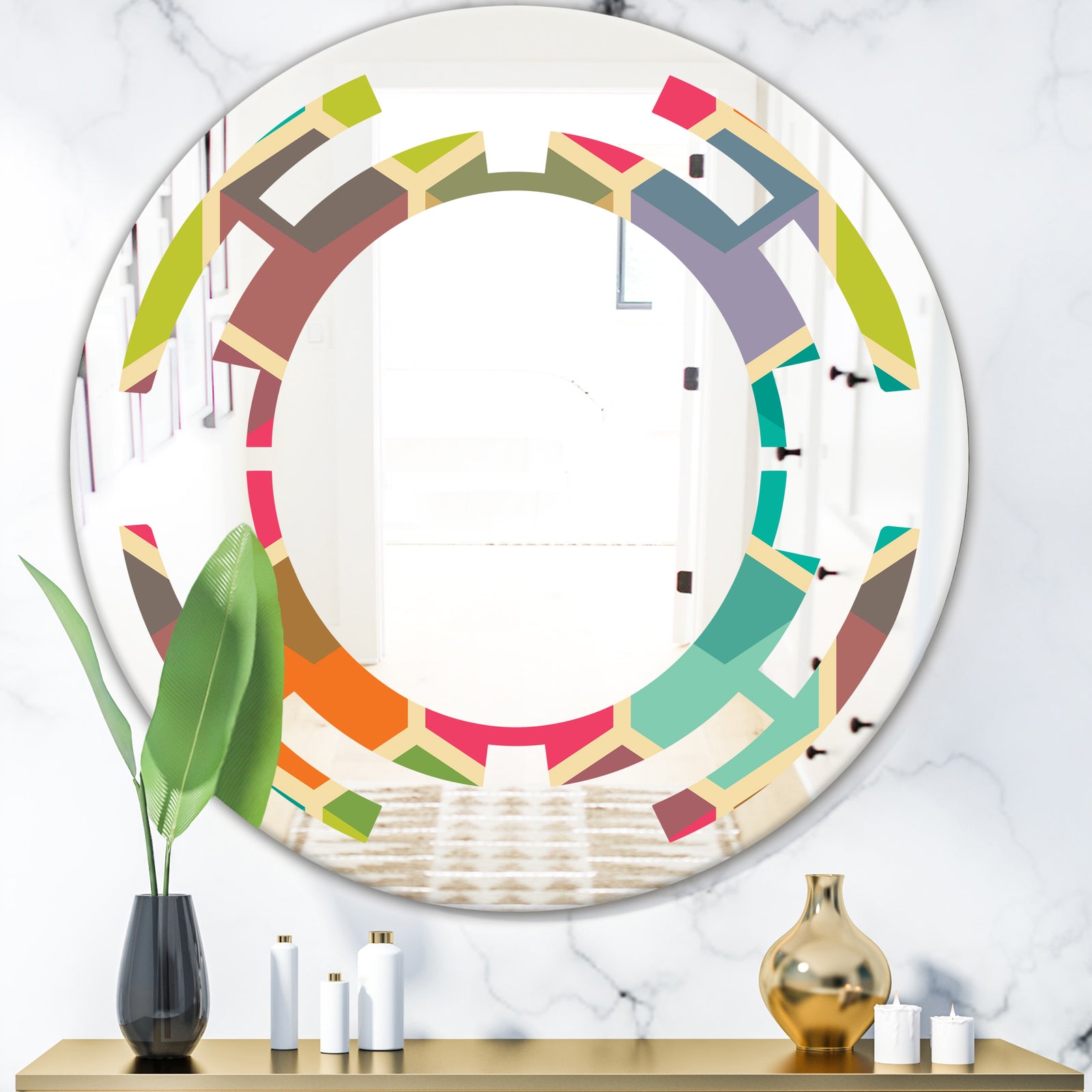 Retro Hexagon Pattern I - Modern Round or Oval Wall Mirror - Space