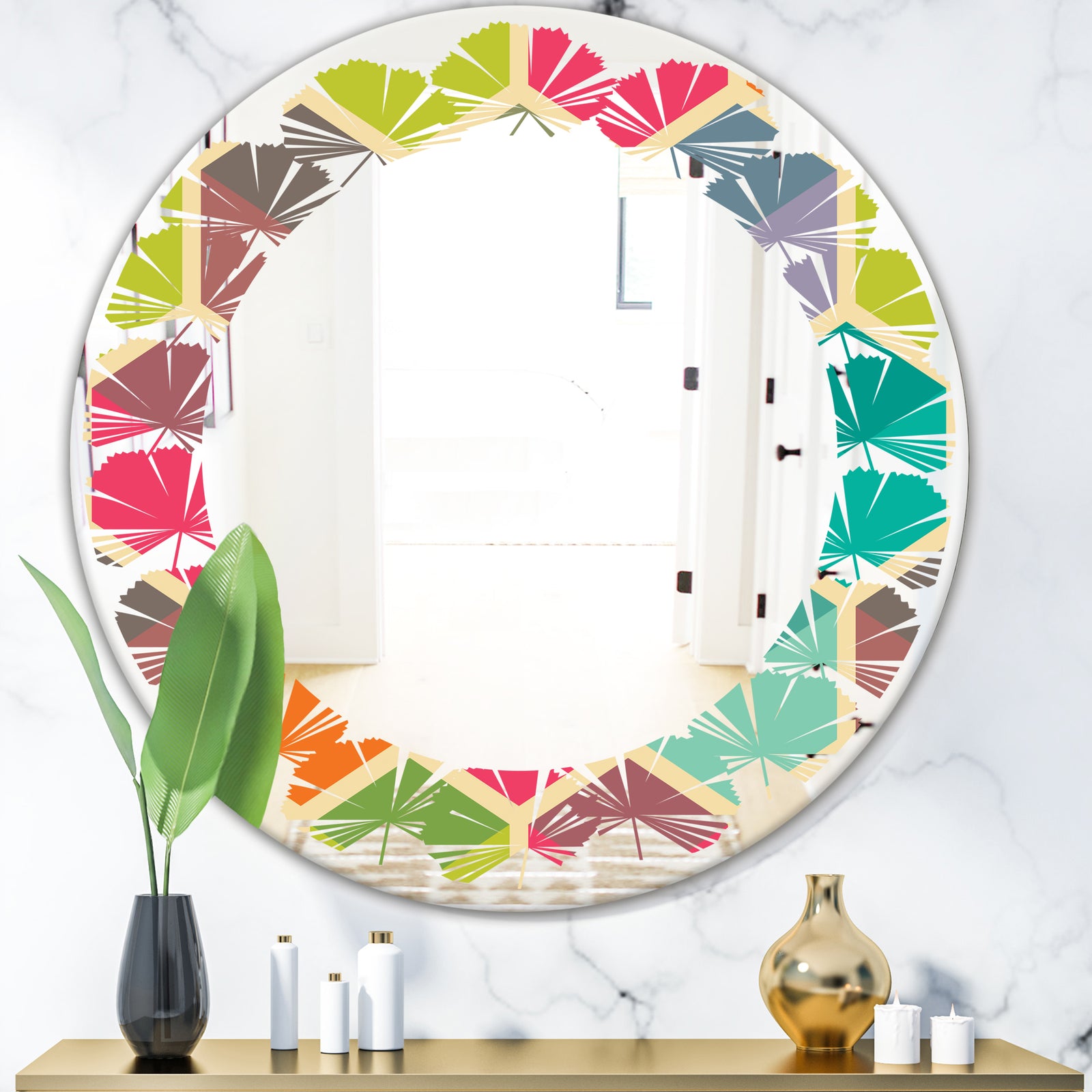 Retro Hexagon Pattern I - Modern Round or Oval Wall Mirror - Leaves