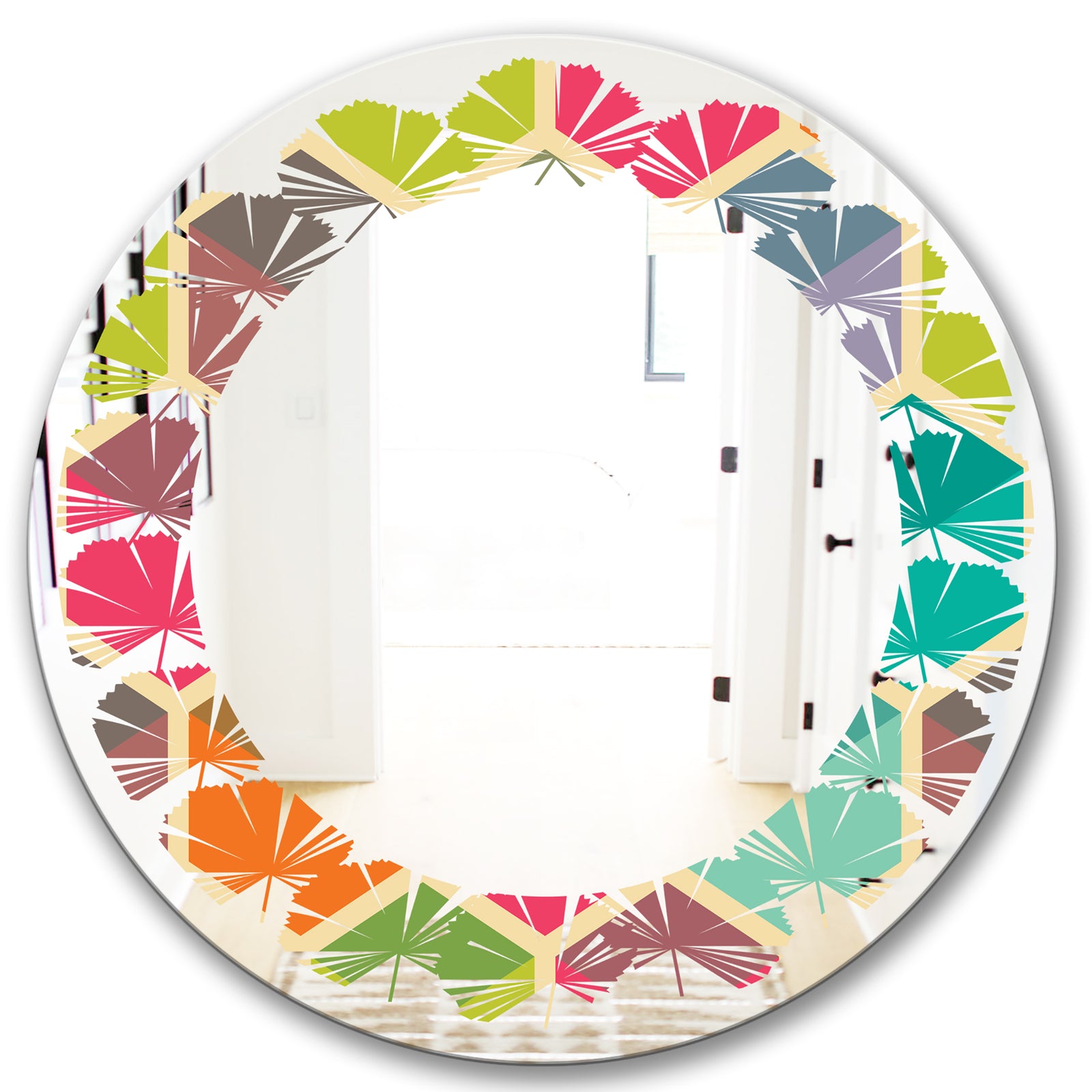 Retro Hexagon Pattern I - Modern Round or Oval Wall Mirror - Leaves