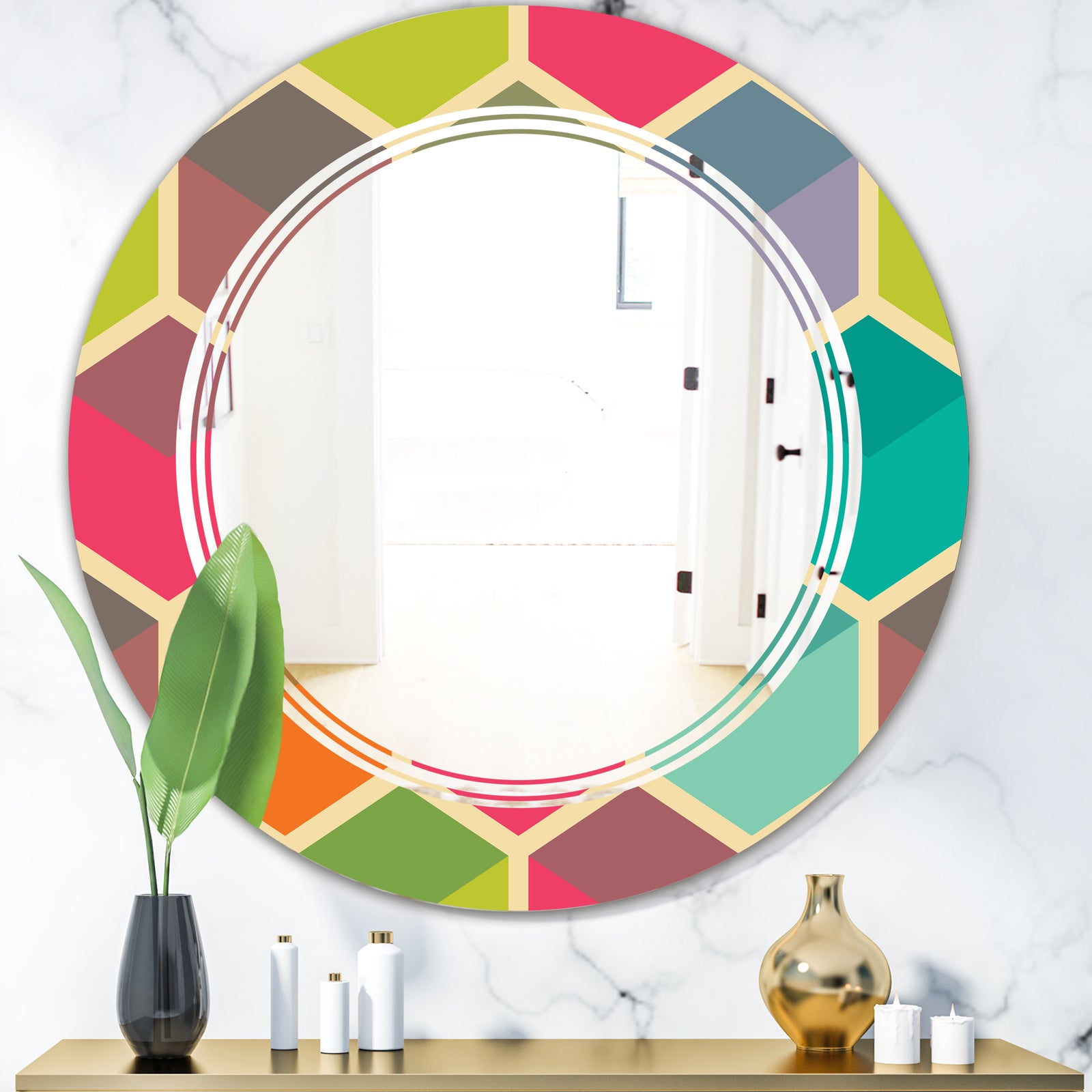 Retro Hexagon Pattern I - Modern Round or Oval Wall Mirror - Triple C
