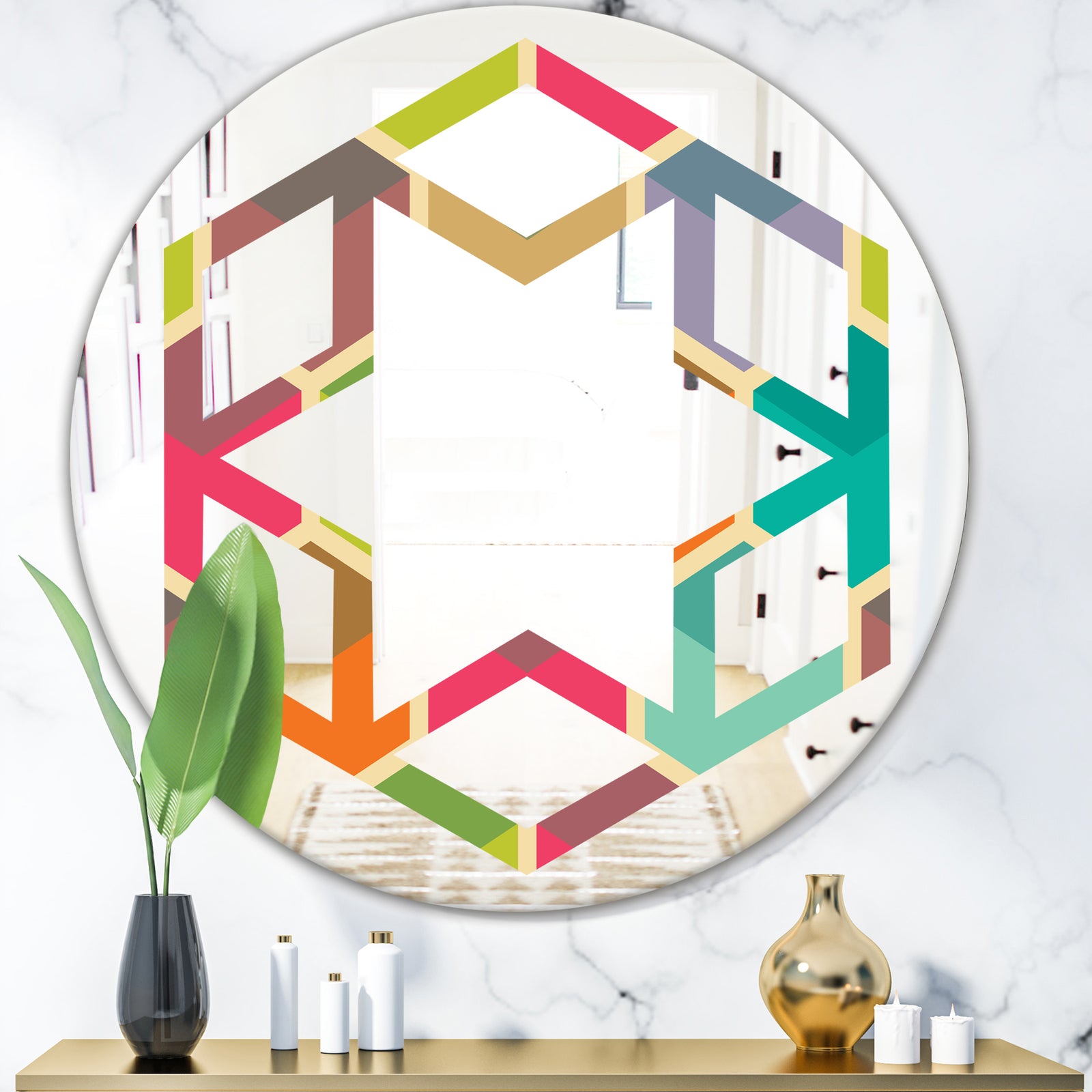 Retro Hexagon Pattern I - Modern Round or Oval Wall Mirror - Hexagon Star