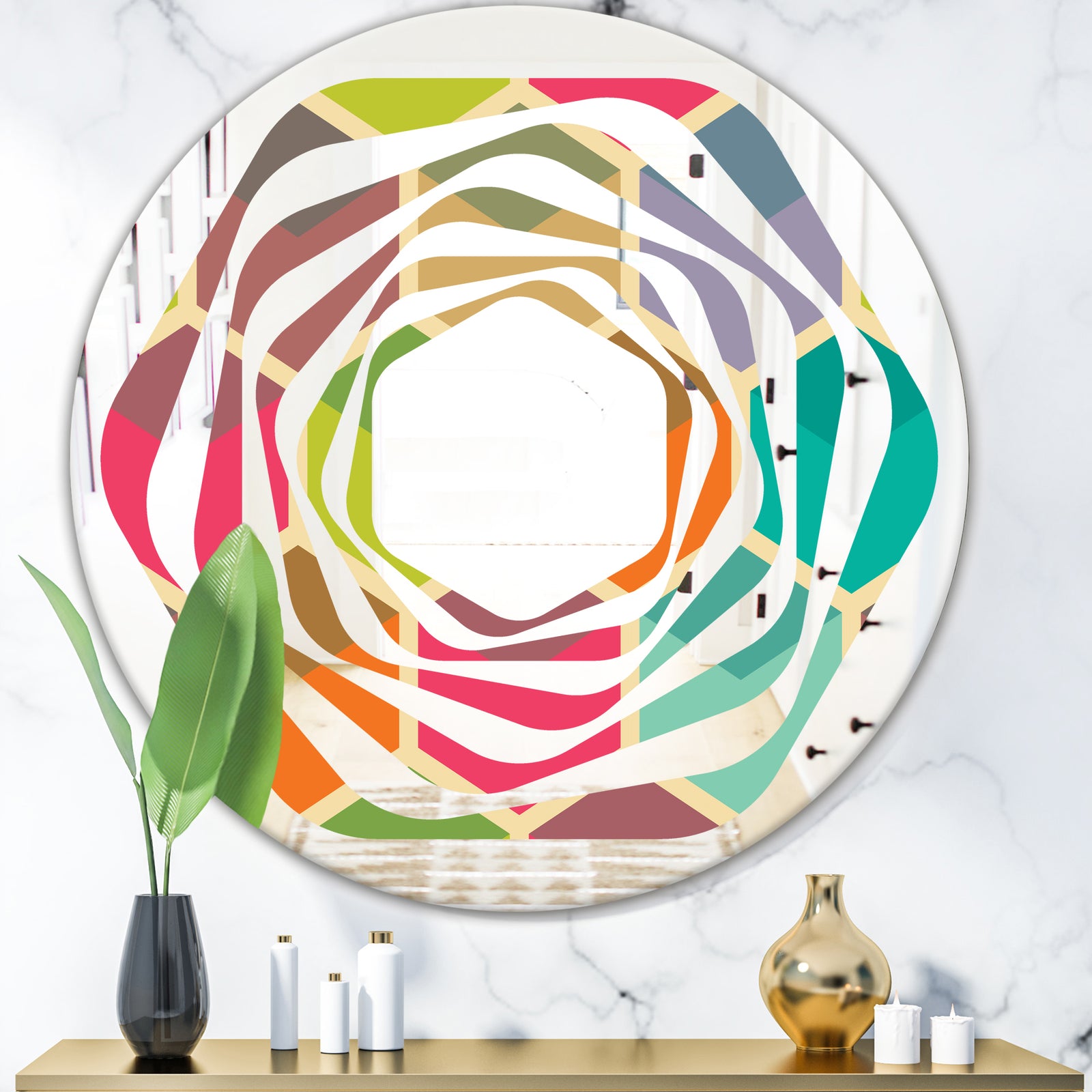 Retro Hexagon Pattern I - Modern Round or Oval Wall Mirror - Whirl