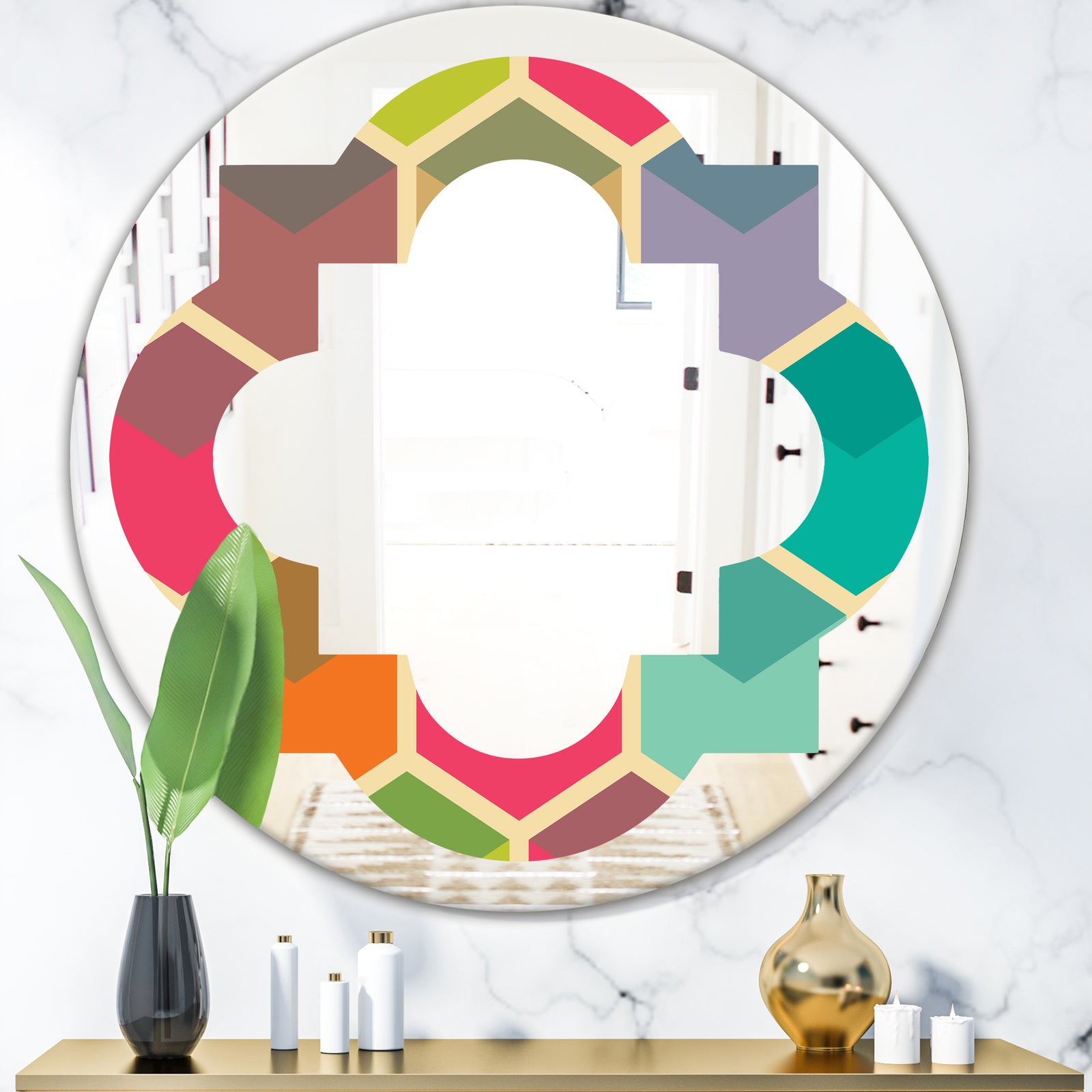 Retro Hexagon Pattern I - Modern Round or Oval Wall Mirror - Quatrefoil